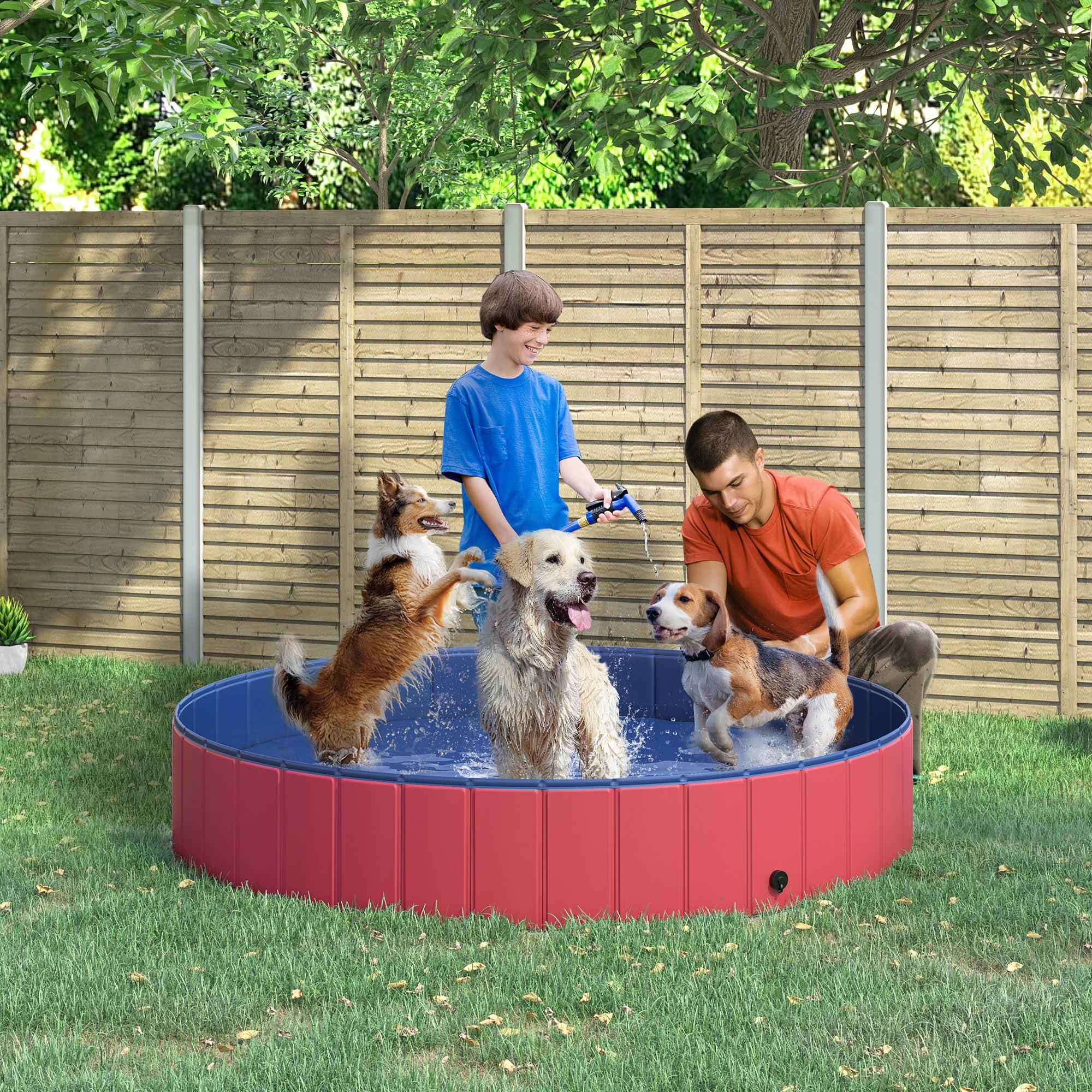 PawHut Folding Dog Pool Portable Pet Kiddie Swimming Pool, Outdoor/Indoor Puppy Bath Tub with Nonslip Bottom for Dogs & Cats,  (Φ63", Red)