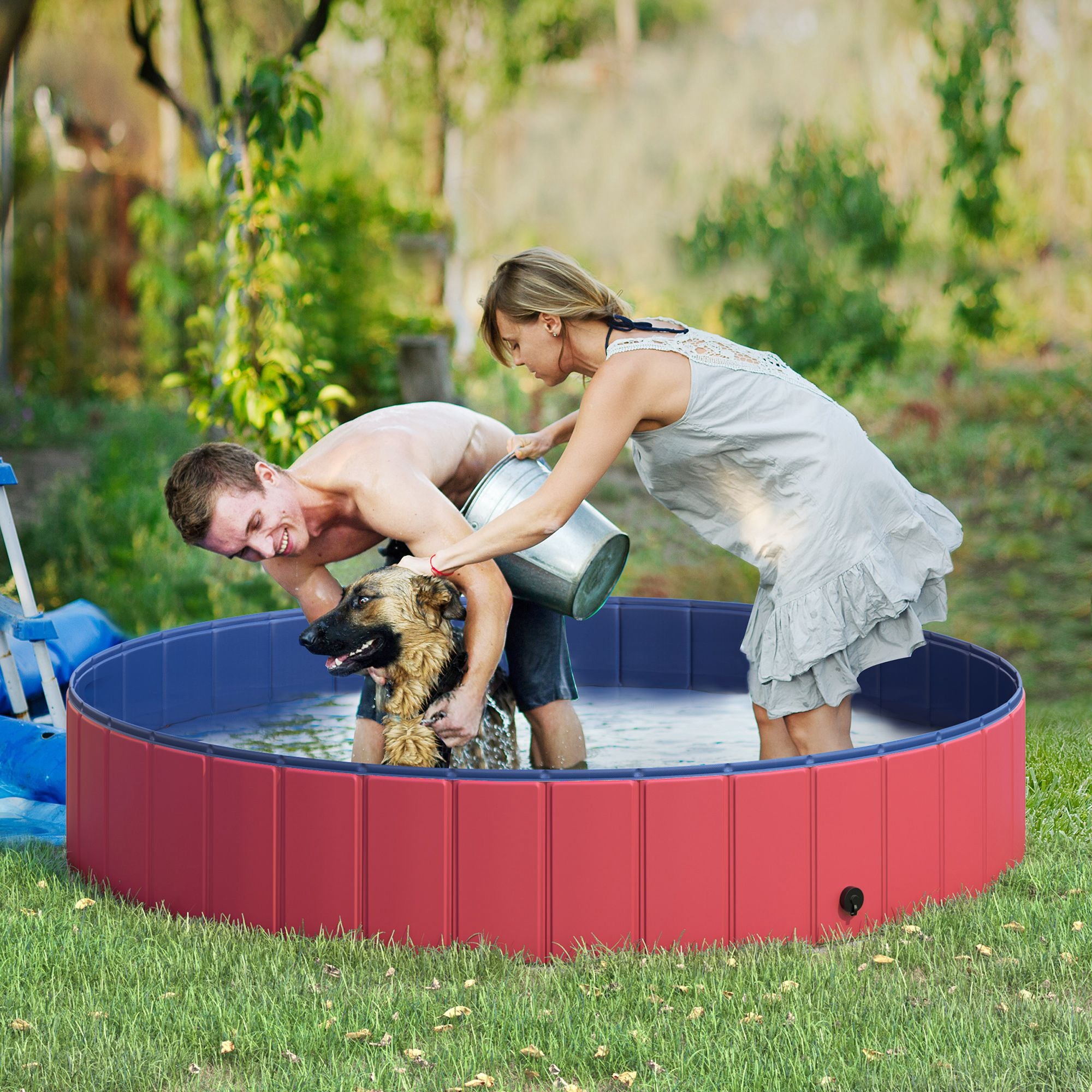 PawHut Folding Dog Pool Portable Pet Kiddie Swimming Pool, Outdoor/Indoor Puppy Bath Tub with Nonslip Bottom for Dogs & Cats,  (Φ63", Red)