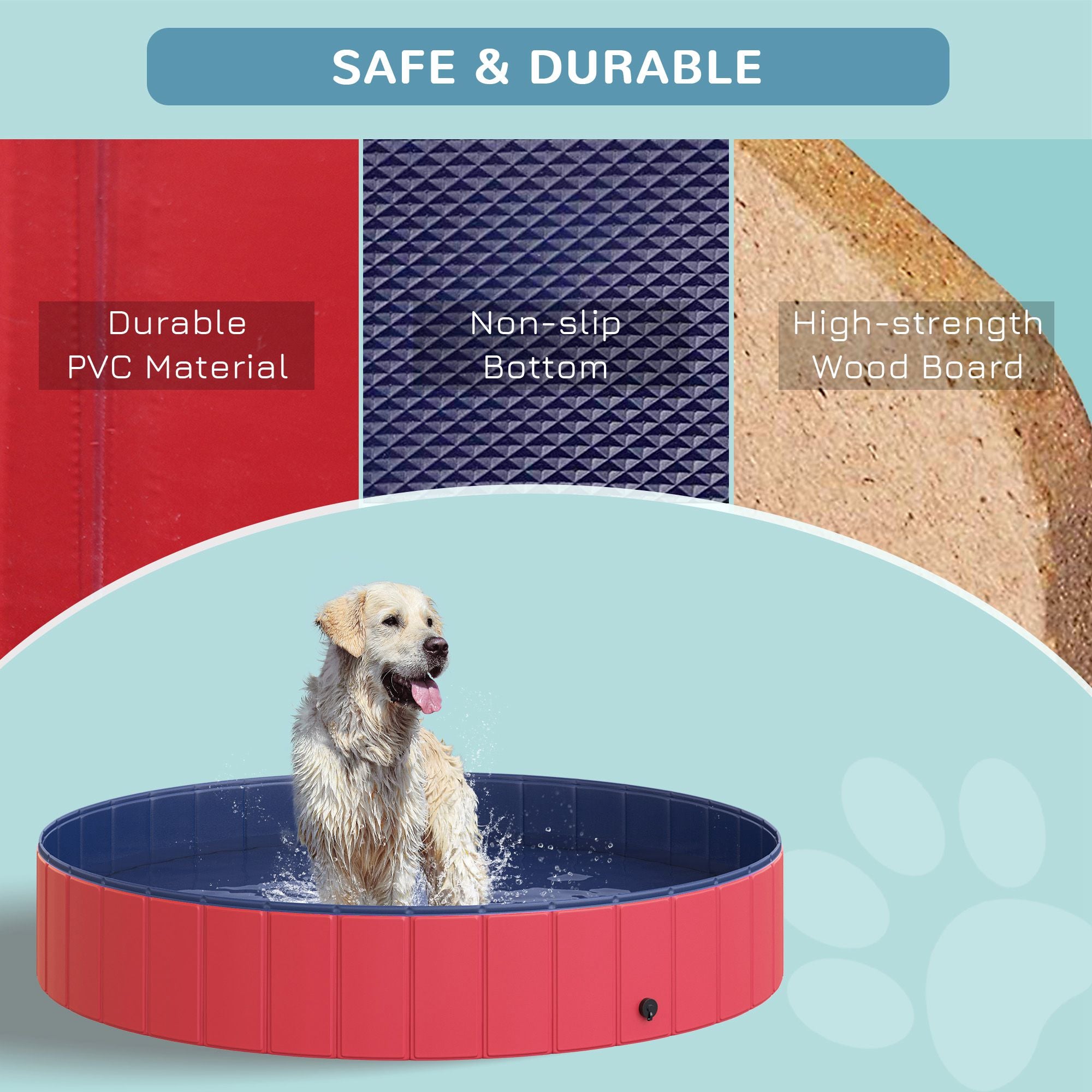 PawHut Folding Dog Pool Portable Pet Kiddie Swimming Pool, Outdoor/Indoor Puppy Bath Tub with Nonslip Bottom for Dogs & Cats,  (Φ63", Red)