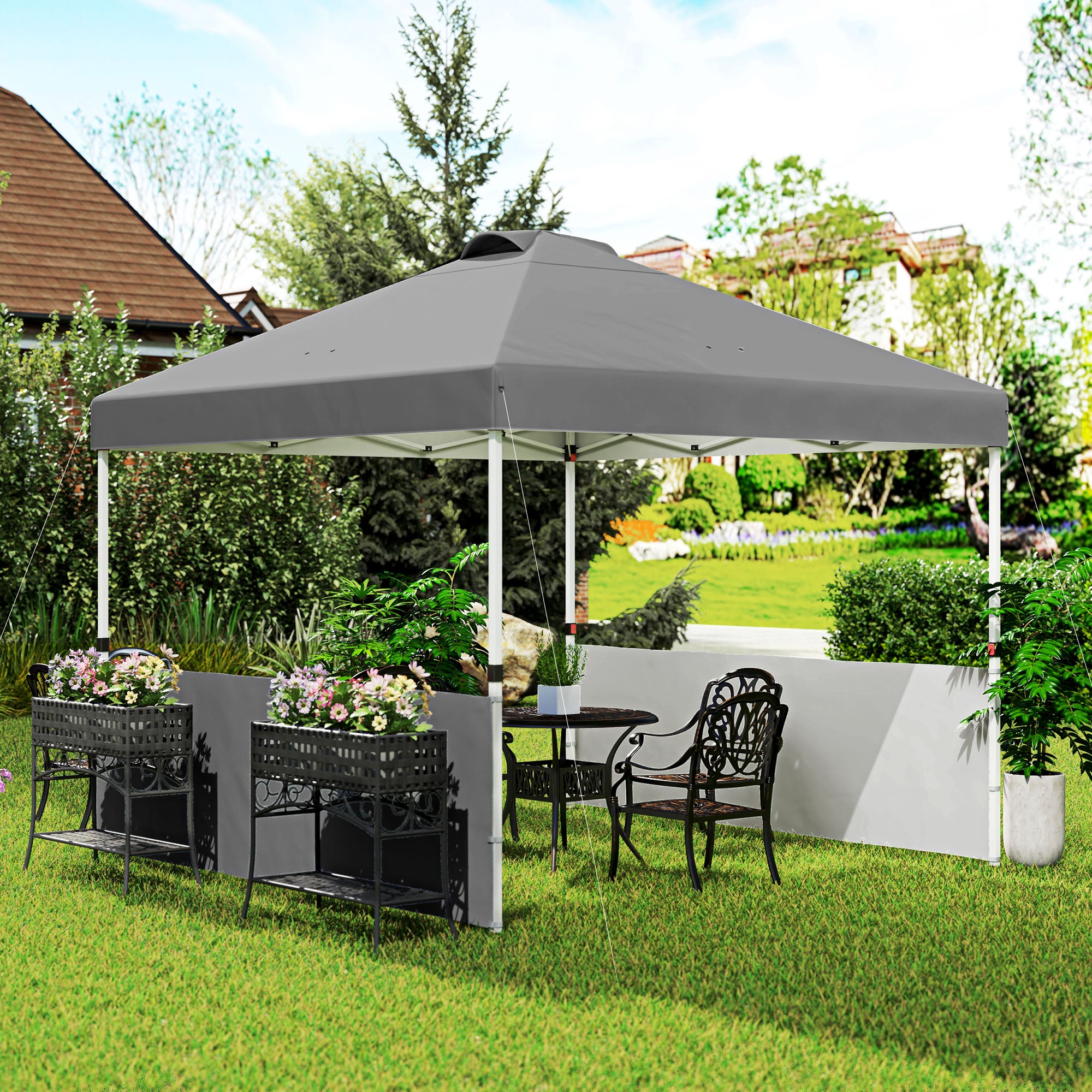 Outsunny 10' x 10' Pop Up Canopy Tent with 2 Half Sidewalls, UV50+ Instant Sun Shelter, Height Adjustable, with Wheeled Carry Bag and 4 Sand Bags for Outdoor, Garden, Dark Grey