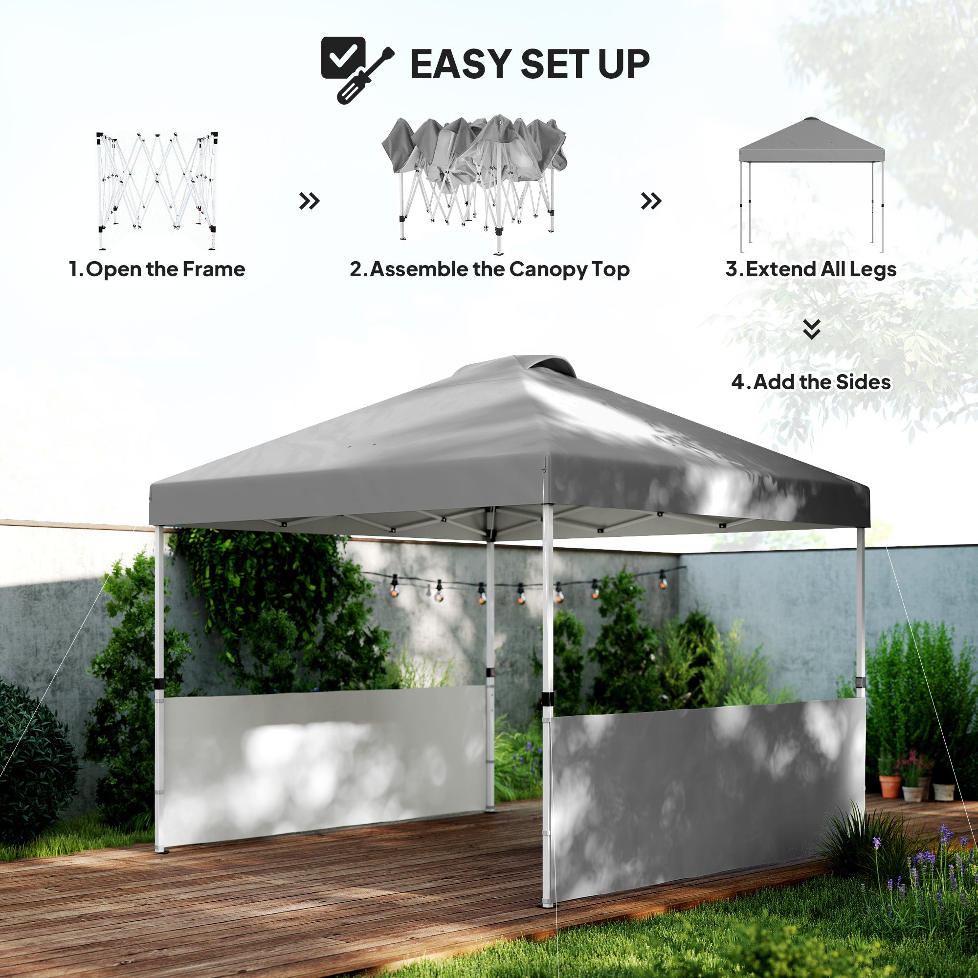 Outsunny 10' x 10' Pop Up Canopy Tent with 2 Half Sidewalls, UV50+ Instant Sun Shelter, Height Adjustable, with Wheeled Carry Bag and 4 Sand Bags for Outdoor, Garden, Dark Grey