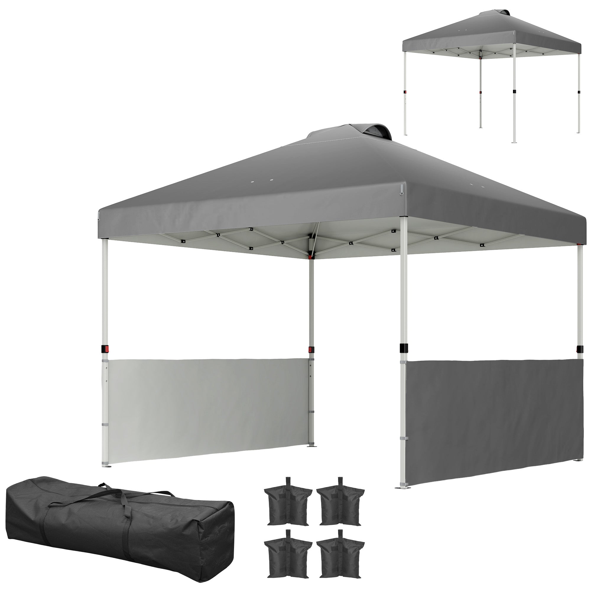 Outsunny 10' x 10' Pop Up Canopy Tent with 2 Half Sidewalls, UV50+ Instant Sun Shelter, Height Adjustable, with Wheeled Carry Bag and 4 Sand Bags for Outdoor, Garden, Dark Grey