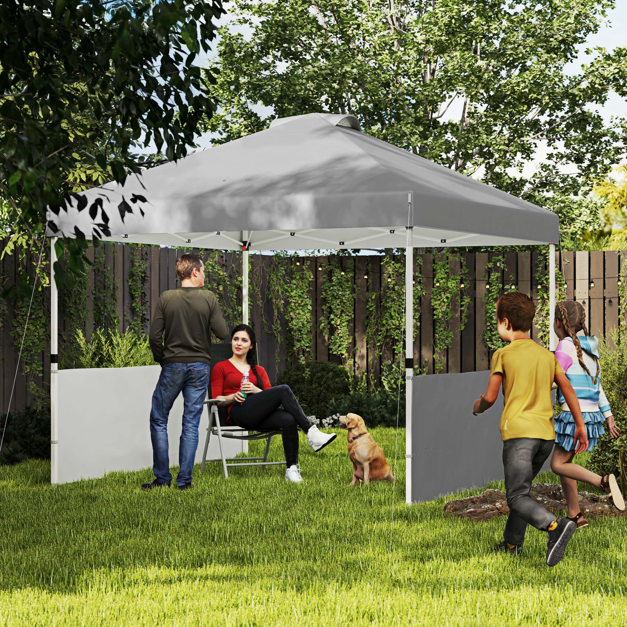 Outsunny 10' x 10' Pop Up Canopy Tent with 2 Half Sidewalls, UV50+ Instant Sun Shelter, Height Adjustable, with Wheeled Carry Bag and 4 Sand Bags for Outdoor, Garden, Dark Grey