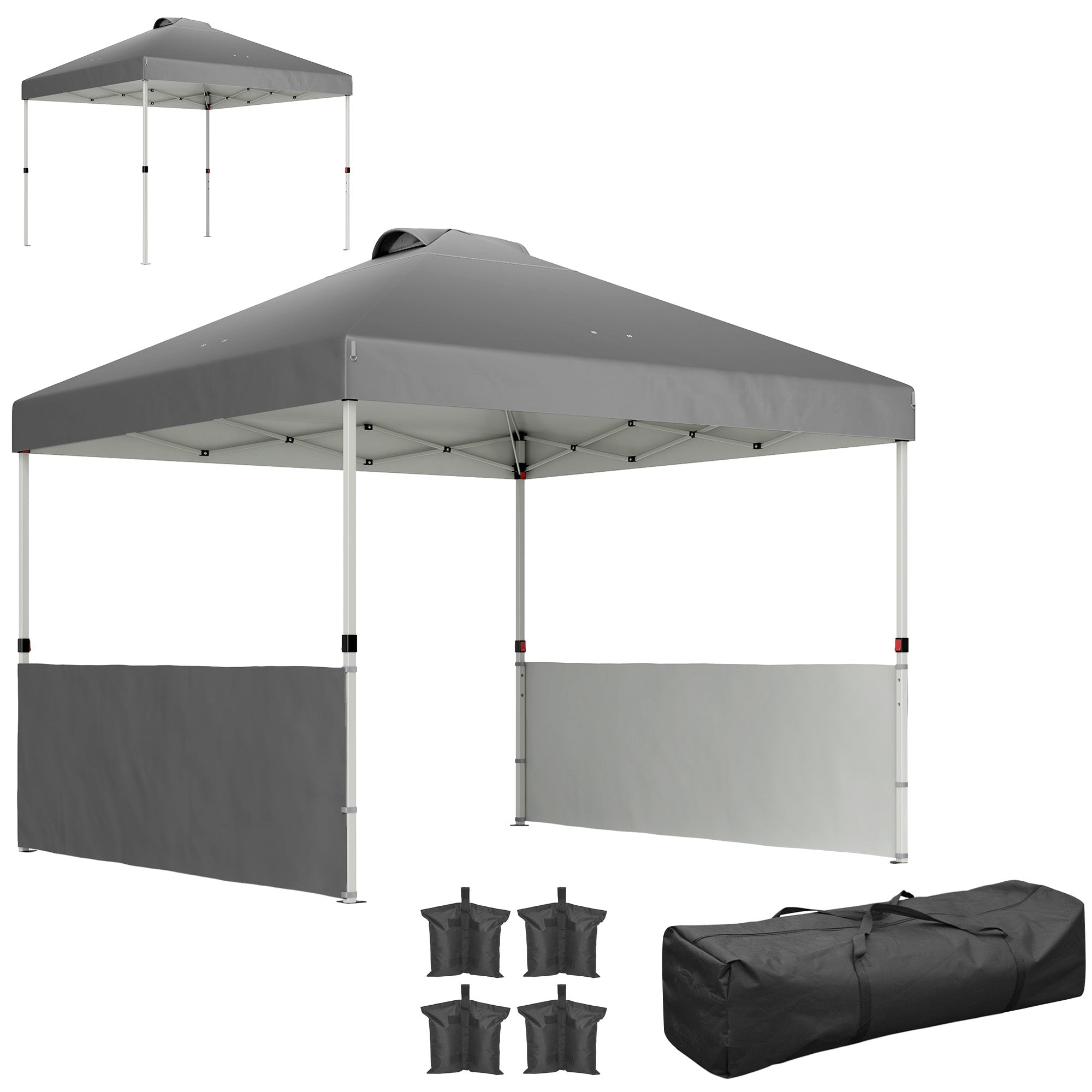 Outsunny 10' x 10' Pop Up Canopy Tent with 2 Half Sidewalls, UV50+ Instant Sun Shelter, Height Adjustable, with Wheeled Carry Bag and 4 Sand Bags for Outdoor, Garden, Dark Grey