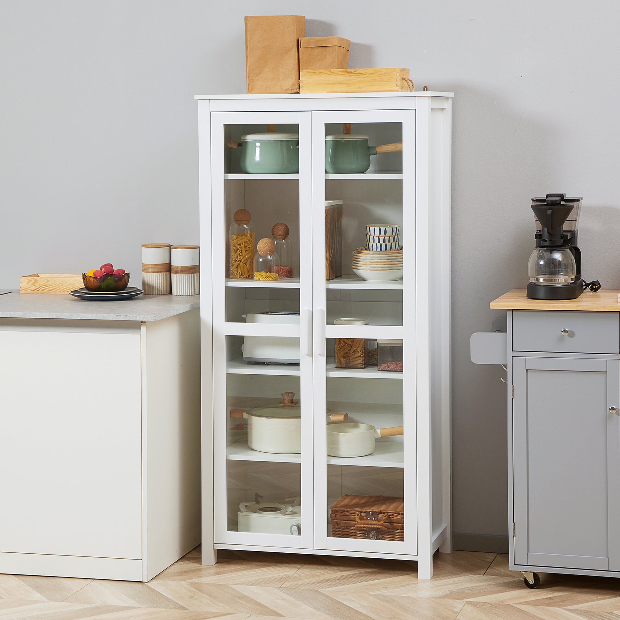 HOMCOM Freestanding Kitchen Pantry, Buffet Cabinet, 5-tier Storage Cabinet with Adjustable Shelves and 2 Glass Doors, White