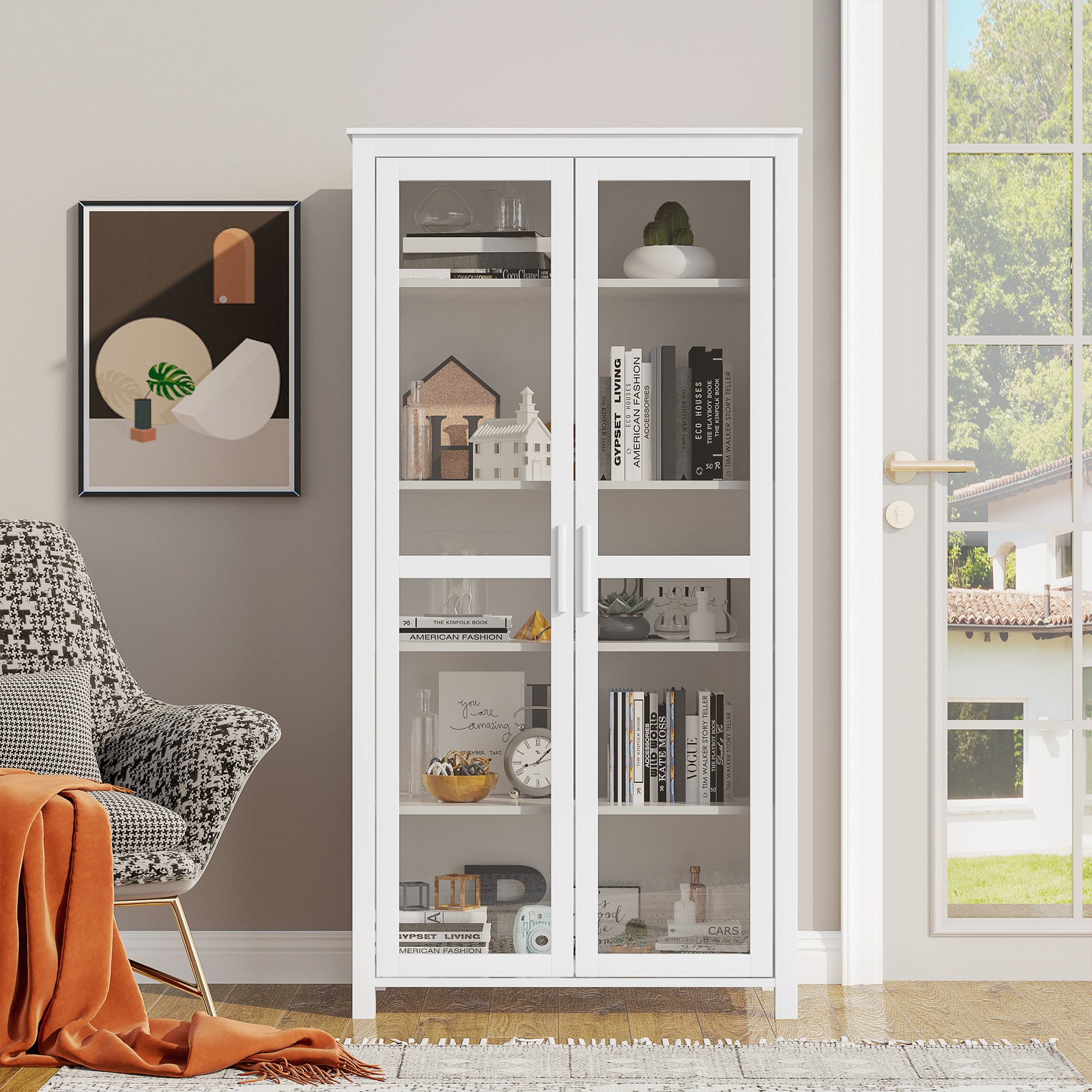 HOMCOM Freestanding Kitchen Pantry, Buffet Cabinet, 5-tier Storage Cabinet with Adjustable Shelves and 2 Glass Doors, White