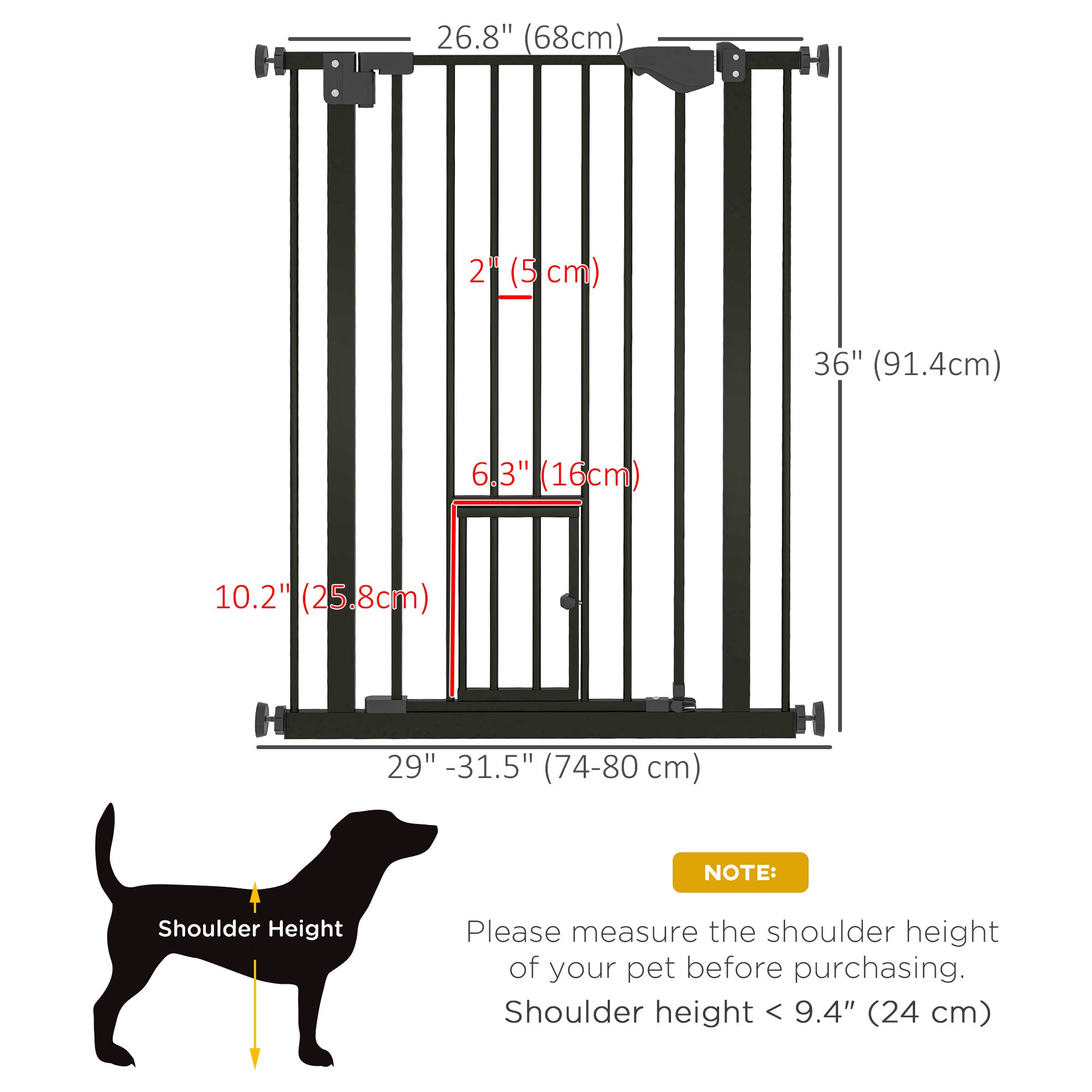 PawHut 36"H Dog Gate with Cat Door, Pet Gate with Small Door, Easy Open Indoor Dog Gates for Doorways, House, Stair, 29"-31.5" Long, Black
