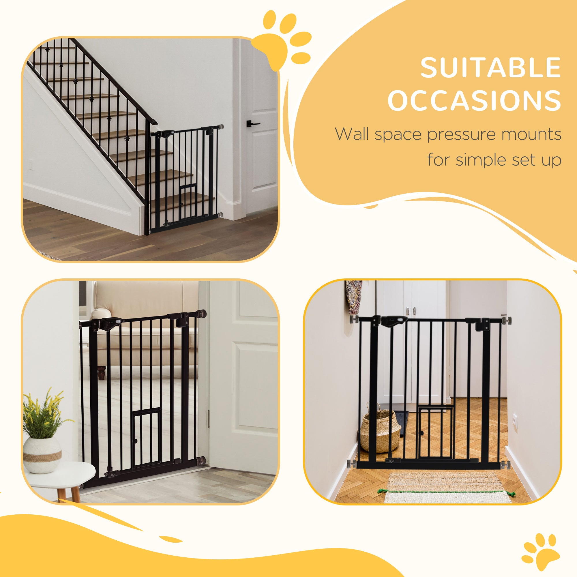 PawHut 36"H Dog Gate with Cat Door, Pet Gate with Small Door, Easy Open Indoor Dog Gates for Doorways, House, Stair, 29"-31.5" Long, Black
