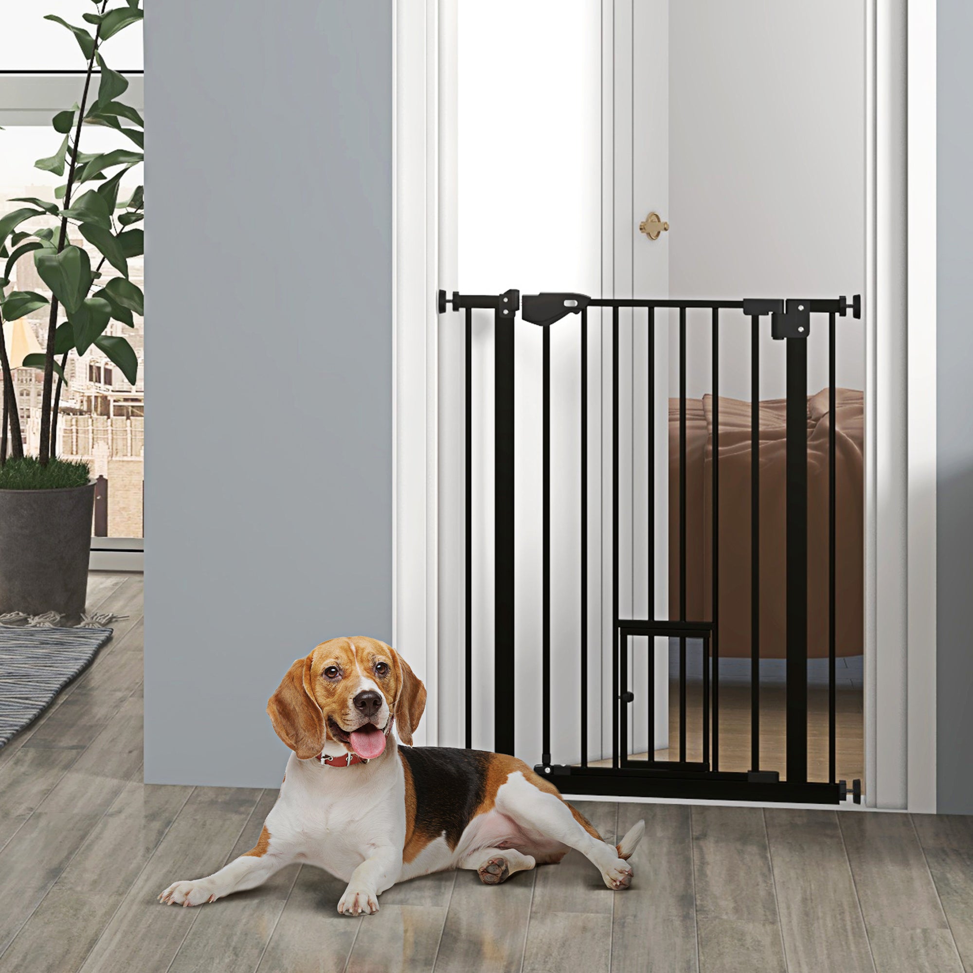 PawHut 36"H Dog Gate with Cat Door, Pet Gate with Small Door, Easy Open Indoor Dog Gates for Doorways, House, Stair, 29"-31.5" Long, Black