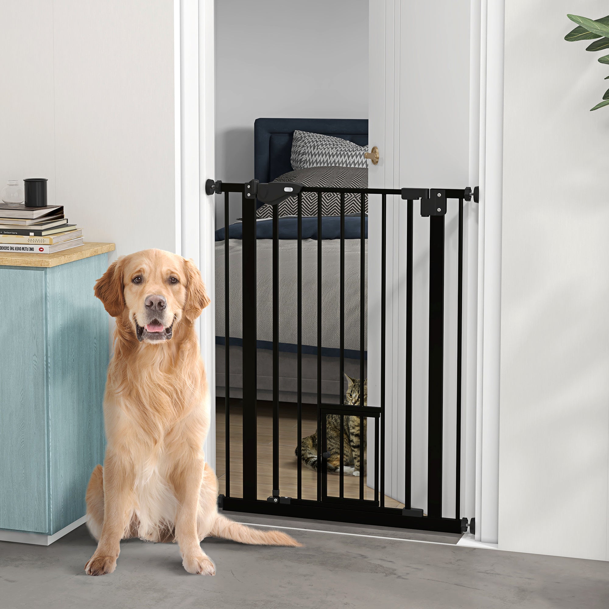 PawHut 36"H Dog Gate with Cat Door, Pet Gate with Small Door, Easy Open Indoor Dog Gates for Doorways, House, Stair, 29"-31.5" Long, Black