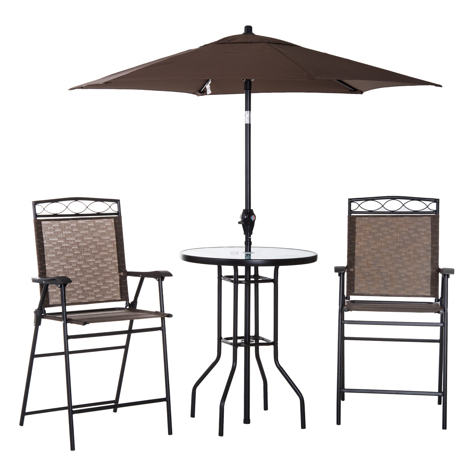 Outsunny 4 Piece Patio Bar Set, Sling Folding Outdoor Furniture with Umbrella for Poolside, Backyard and Garden, Brown