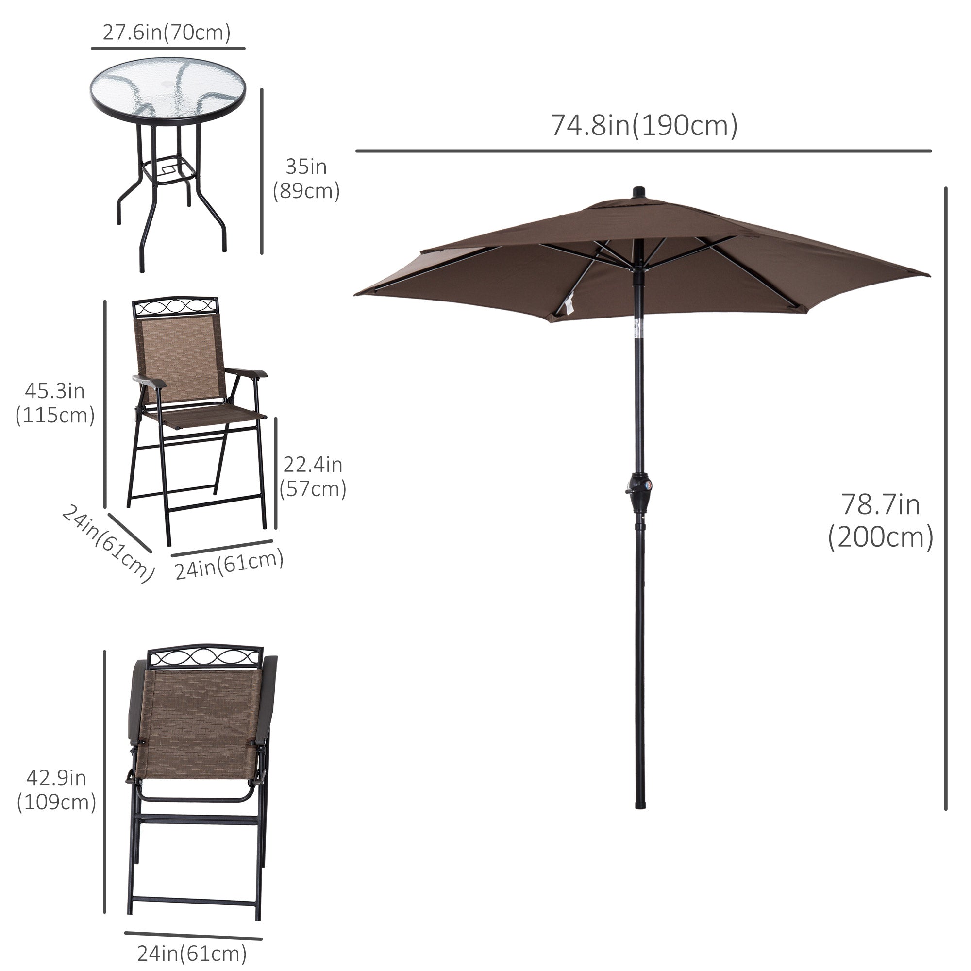 Outsunny 4 Piece Patio Bar Set, Sling Folding Outdoor Furniture with Umbrella for Poolside, Backyard and Garden, Brown