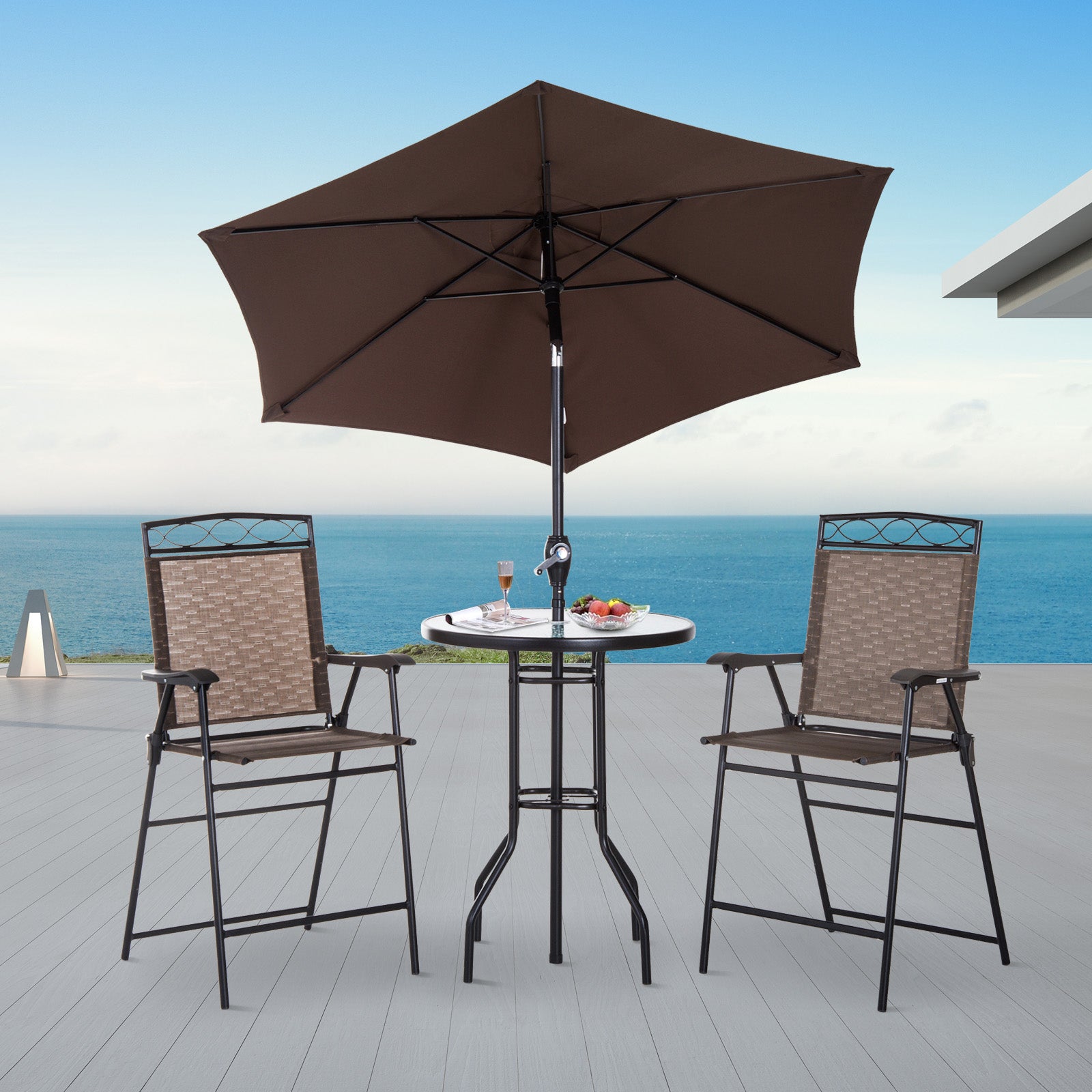 Outsunny 4 Piece Patio Bar Set, Sling Folding Outdoor Furniture with Umbrella for Poolside, Backyard and Garden, Brown