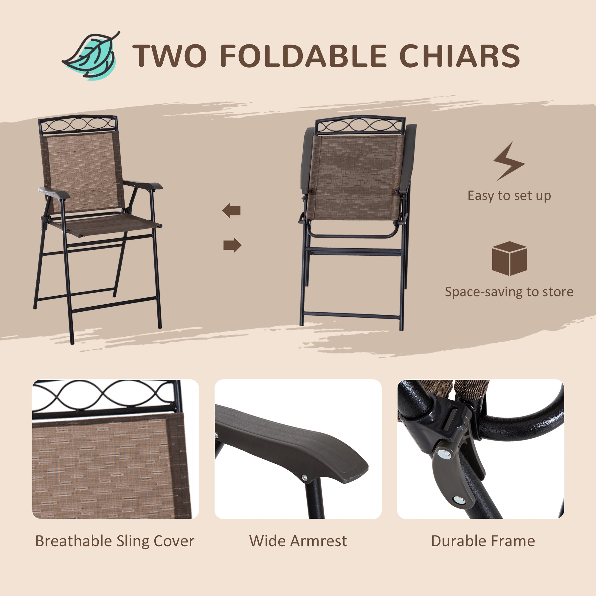 Outsunny 4 Piece Patio Bar Set, Sling Folding Outdoor Furniture with Umbrella for Poolside, Backyard and Garden, Brown