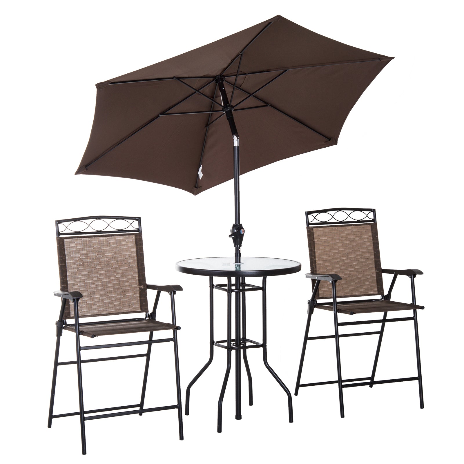 Outsunny 4 Piece Patio Bar Set, Sling Folding Outdoor Furniture with Umbrella for Poolside, Backyard and Garden, Brown