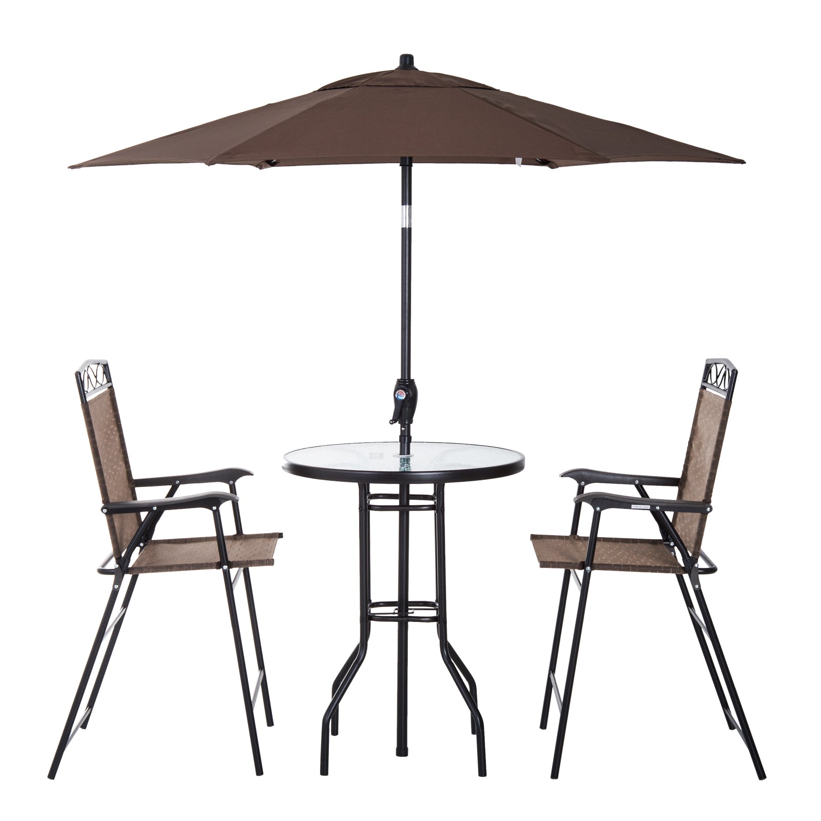 Outsunny 4 Piece Patio Bar Set, Sling Folding Outdoor Furniture with Umbrella for Poolside, Backyard and Garden, Brown