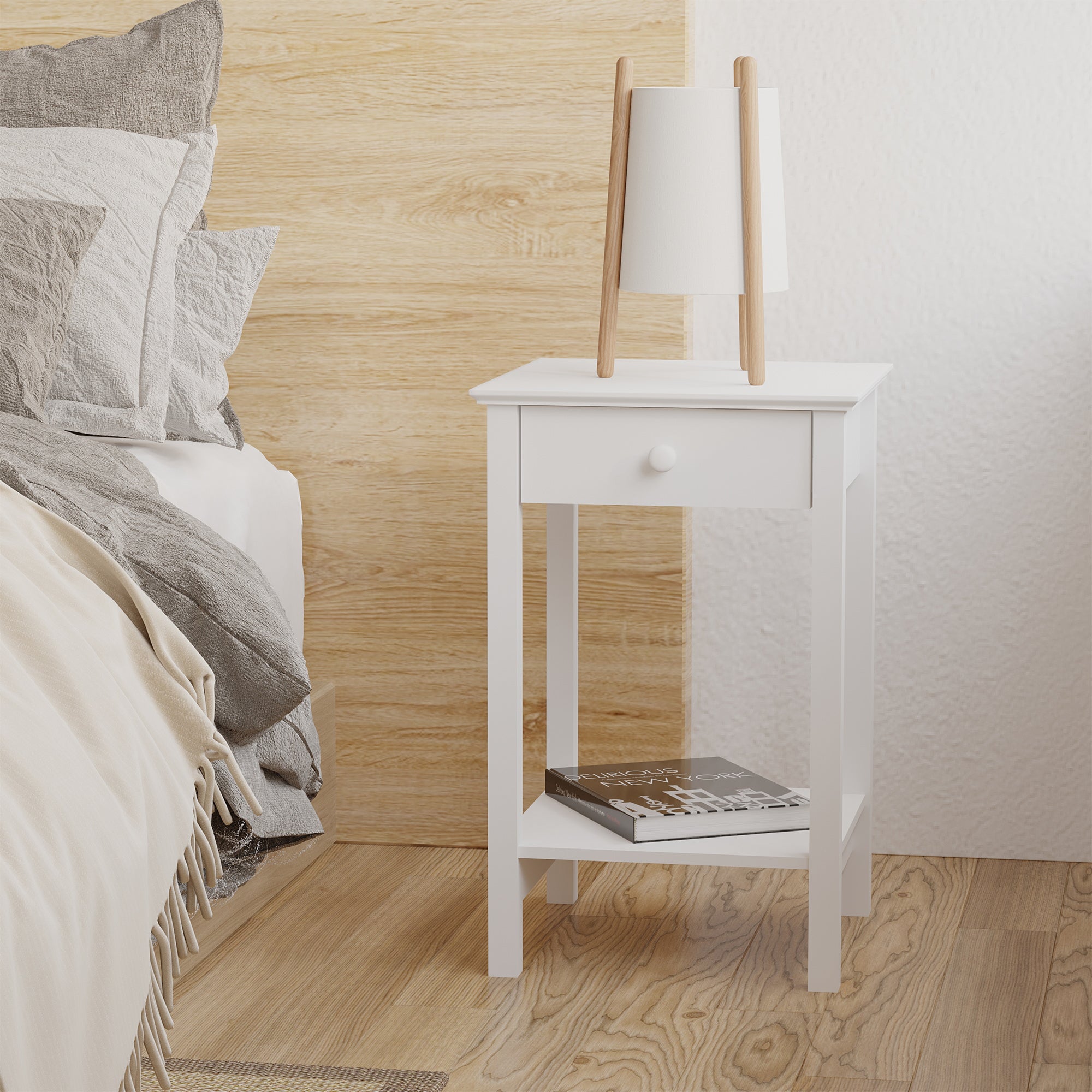 HOMCOM Modern Style Nightstand, Side Table with Drawer and Storage Shelf for Bedroom, 15.4" x 15.4" x 24", White