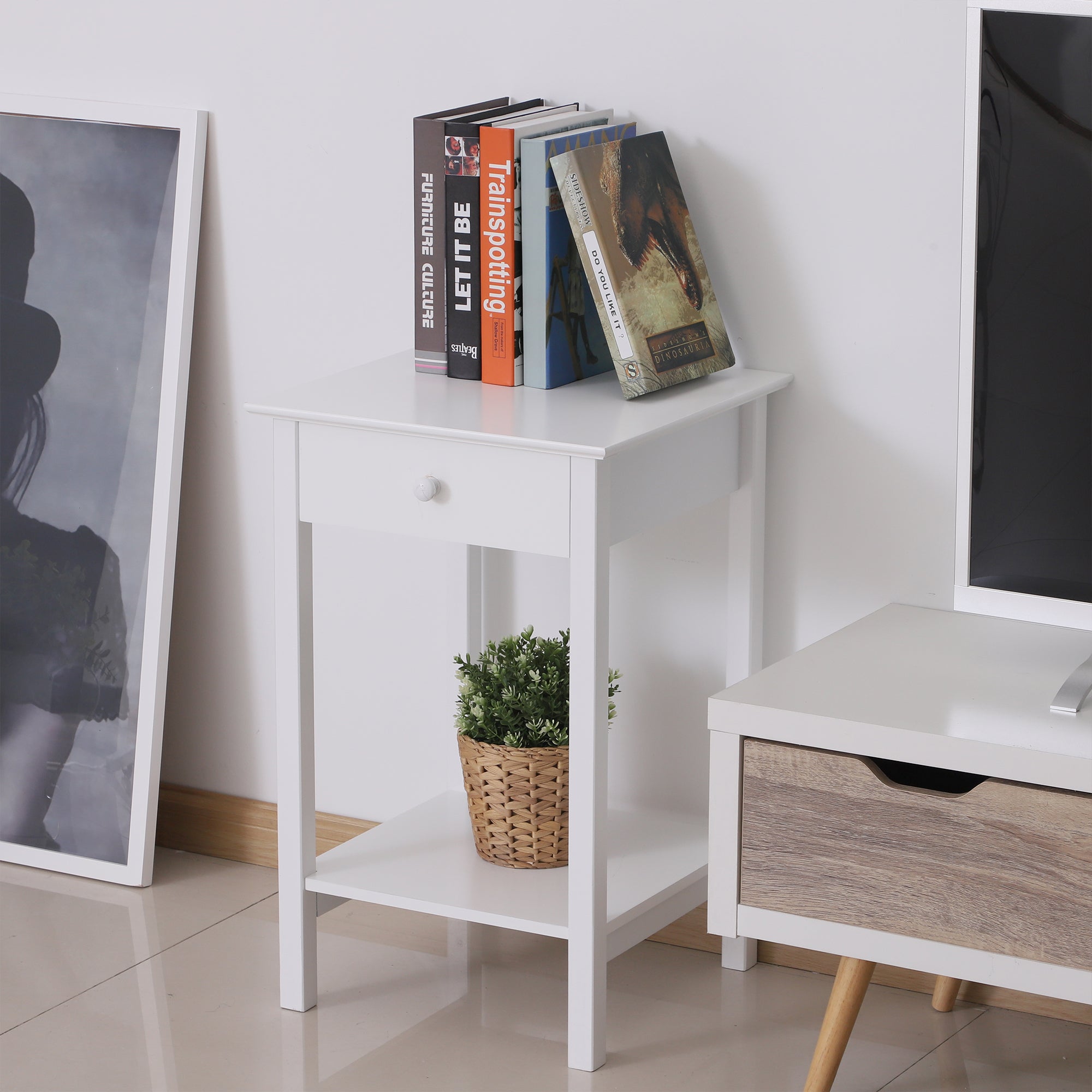 HOMCOM Modern Style Nightstand, Side Table with Drawer and Storage Shelf for Bedroom, 15.4
