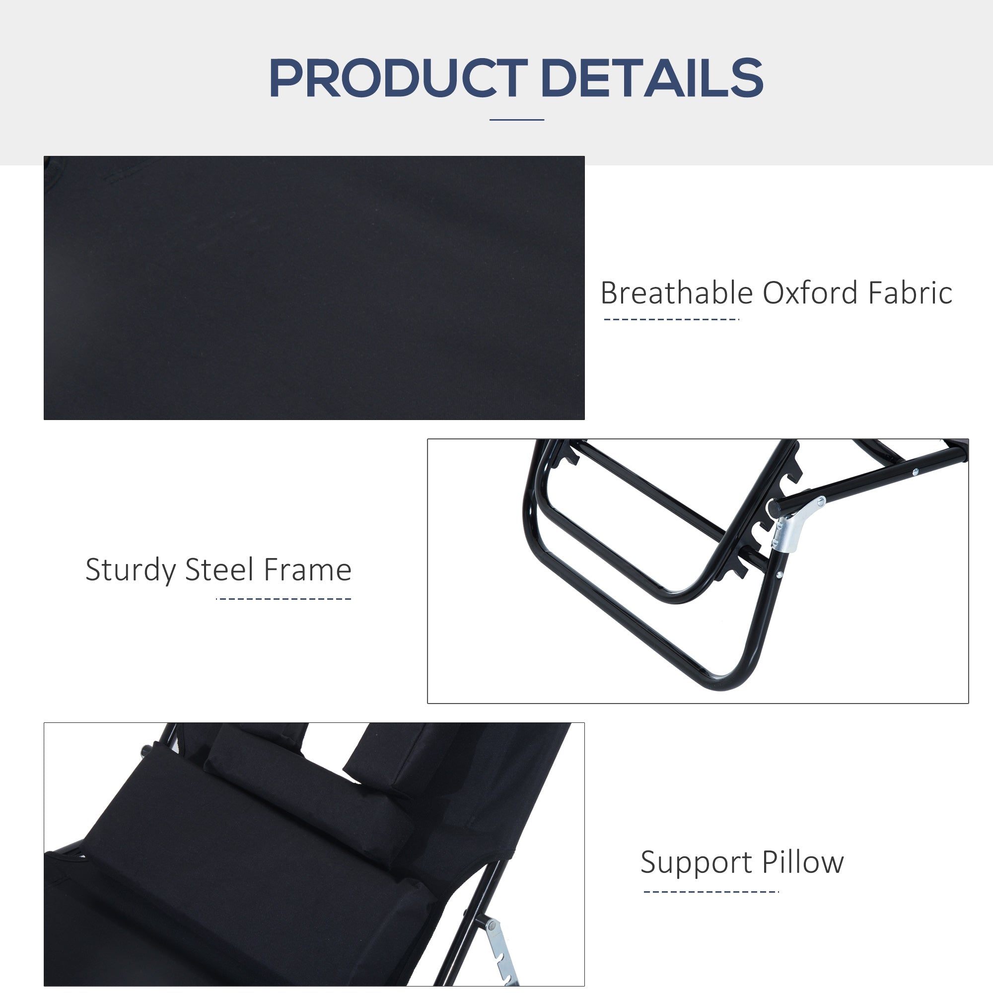 Outsunny Adjustable Outdoor Lounge Chair, Garden Folding Chaise Lounge w/ Reading Hole Reclining Tanning Chair Seat, Folding Camping Beach Lounging Bed with Support Pillow, Black