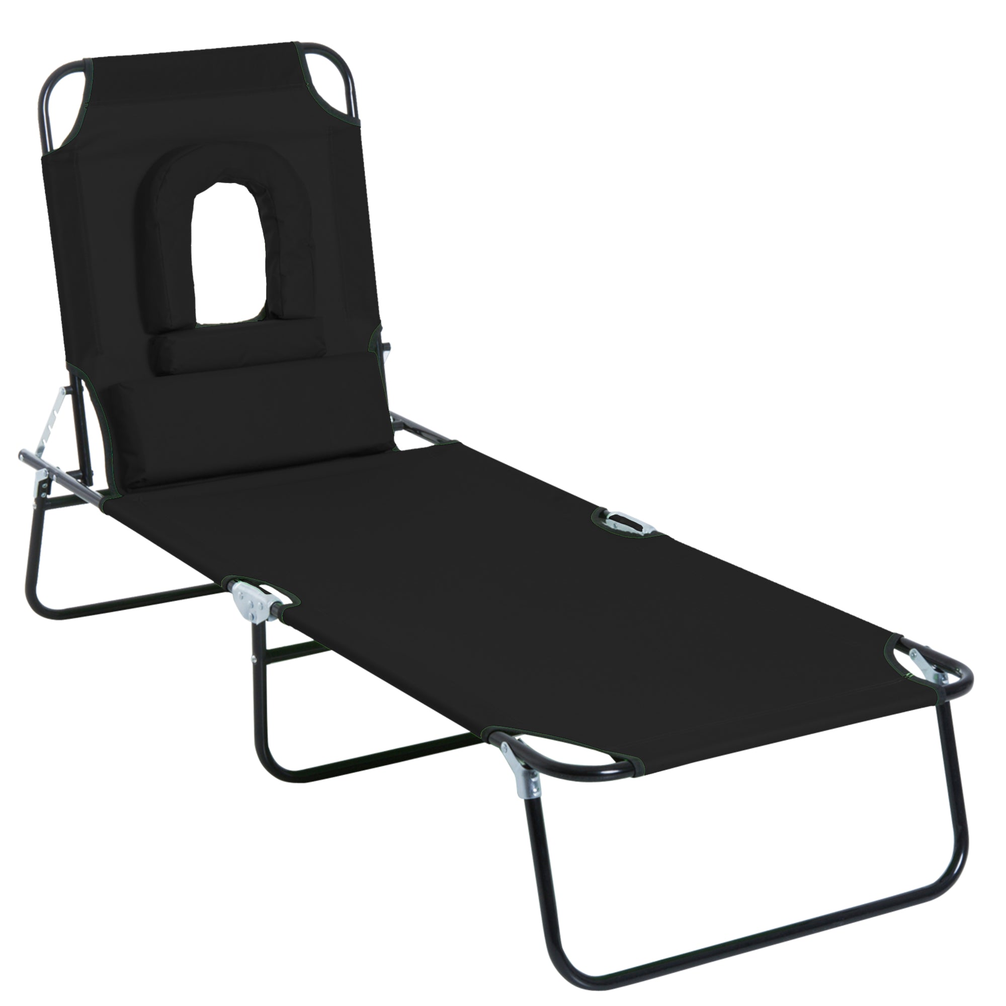Outsunny Adjustable Outdoor Lounge Chair, Garden Folding Chaise Lounge w/ Reading Hole Reclining Tanning Chair Seat, Folding Camping Beach Lounging Bed with Support Pillow, Black