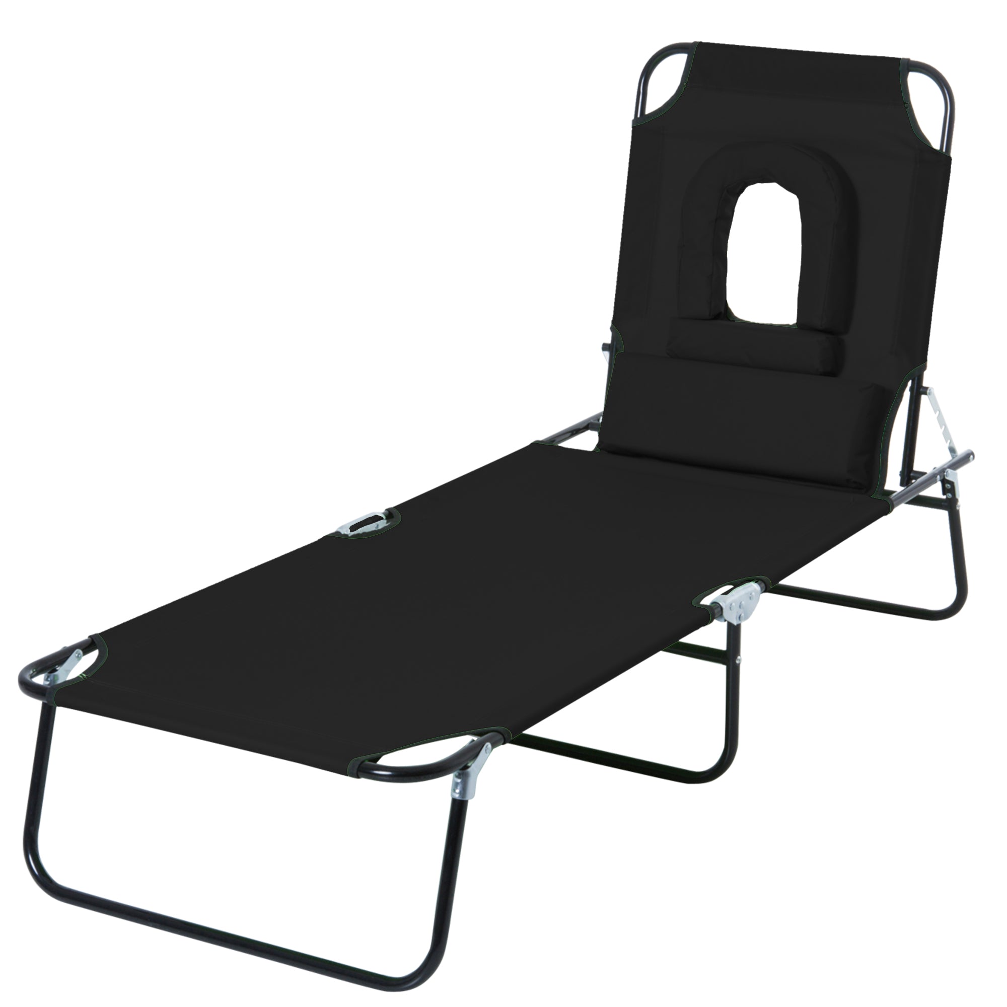 Outsunny Adjustable Outdoor Lounge Chair, Garden Folding Chaise Lounge w/ Reading Hole Reclining Tanning Chair Seat, Folding Camping Beach Lounging Bed with Support Pillow, Black