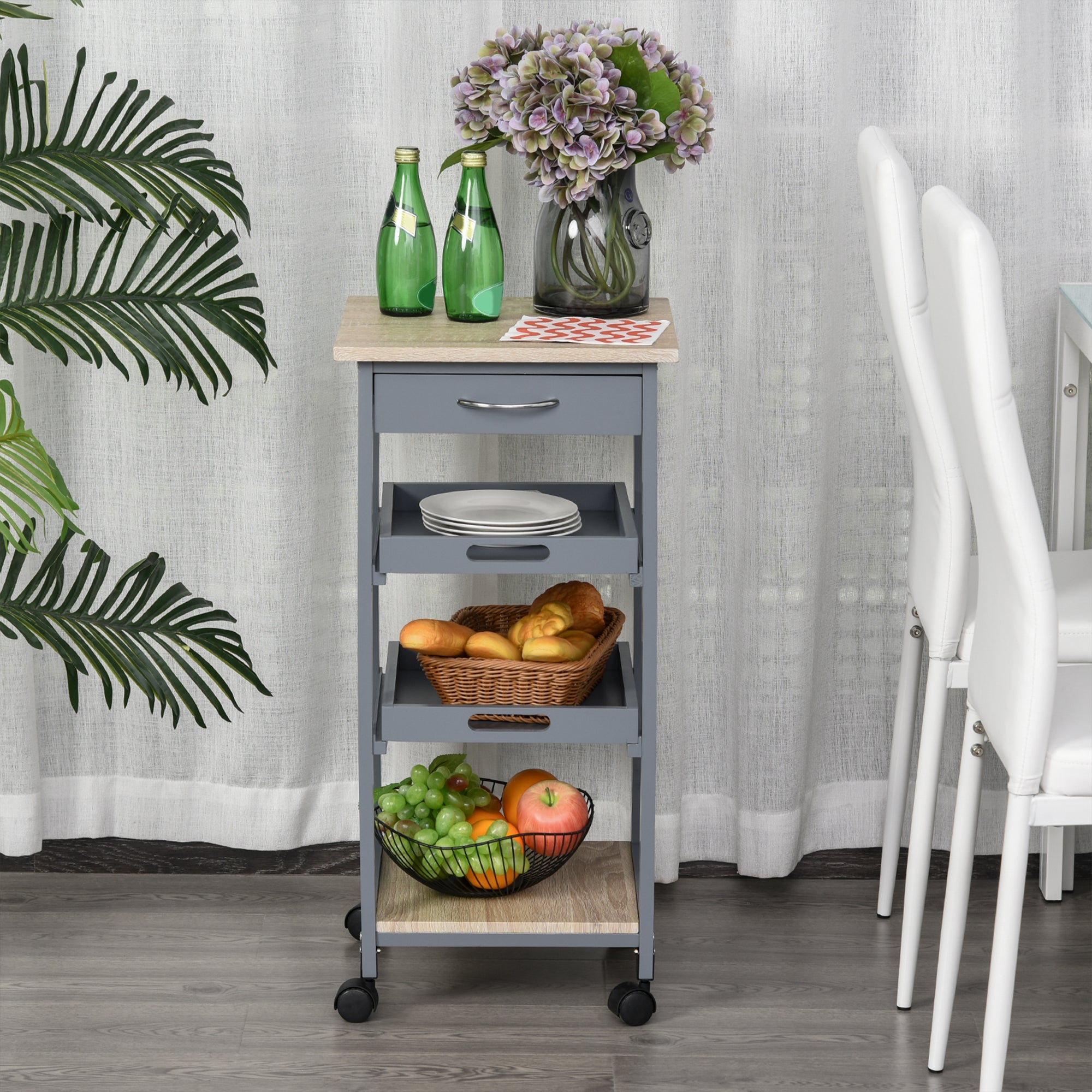 HOMCOM Bar Cart, 4-Tier Kitchen Cart with Removable Serving Tray, Rolling Coffee Cart on Wheels with Drawer for Dining Room, Living Room (Grey)