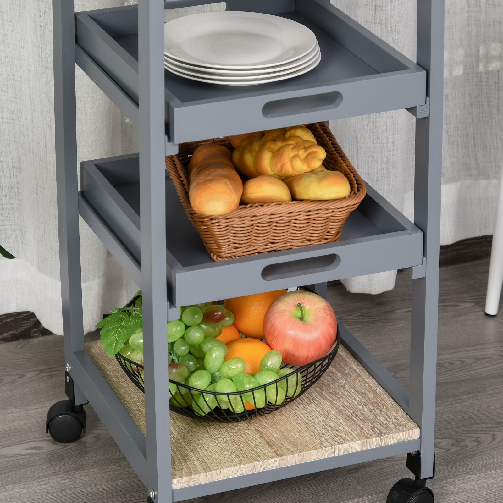 HOMCOM Bar Cart, 4-Tier Kitchen Cart with Removable Serving Tray, Rolling Coffee Cart on Wheels with Drawer for Dining Room, Living Room (Grey)