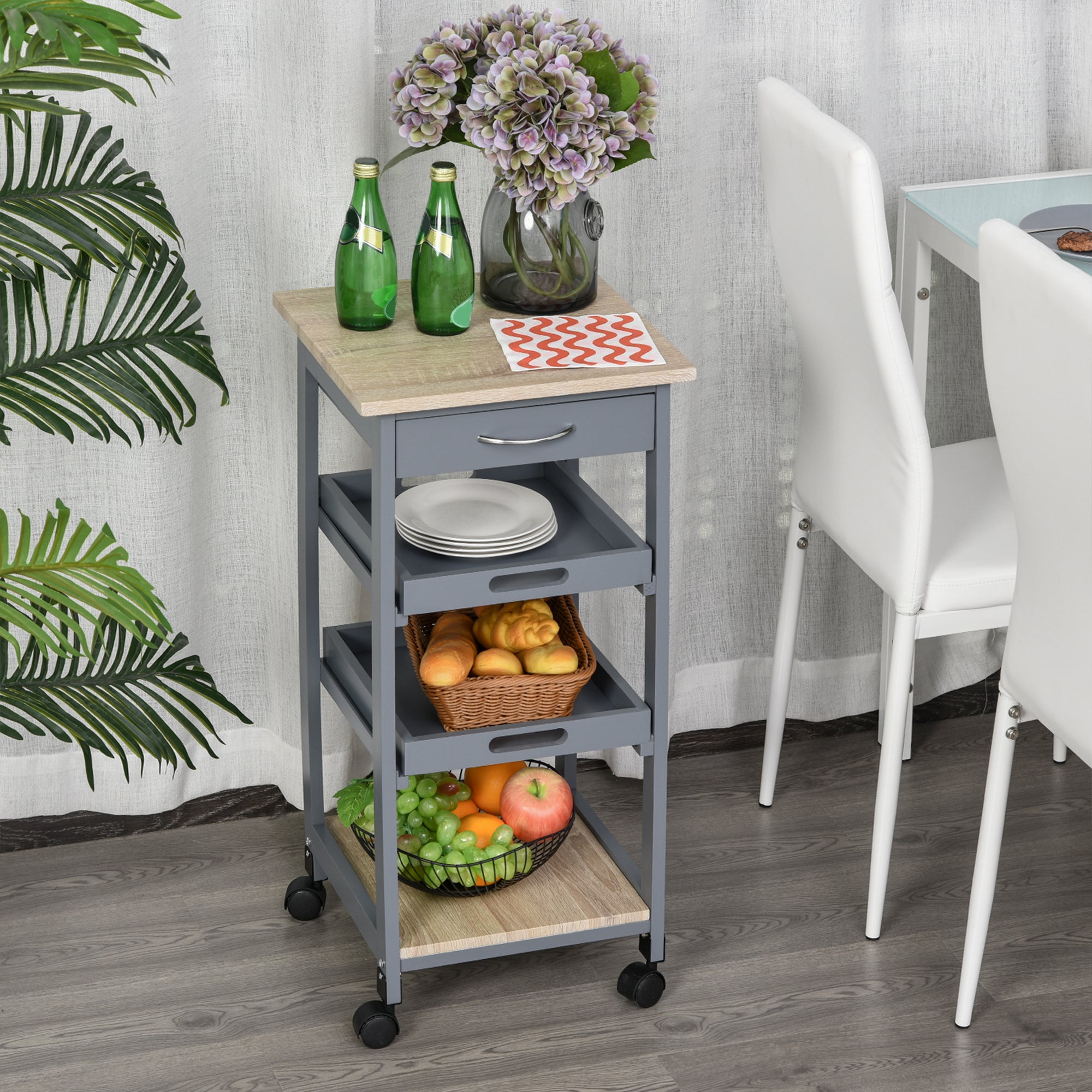 HOMCOM Bar Cart, 4-Tier Kitchen Cart with Removable Serving Tray, Rolling Coffee Cart on Wheels with Drawer for Dining Room, Living Room (Grey)