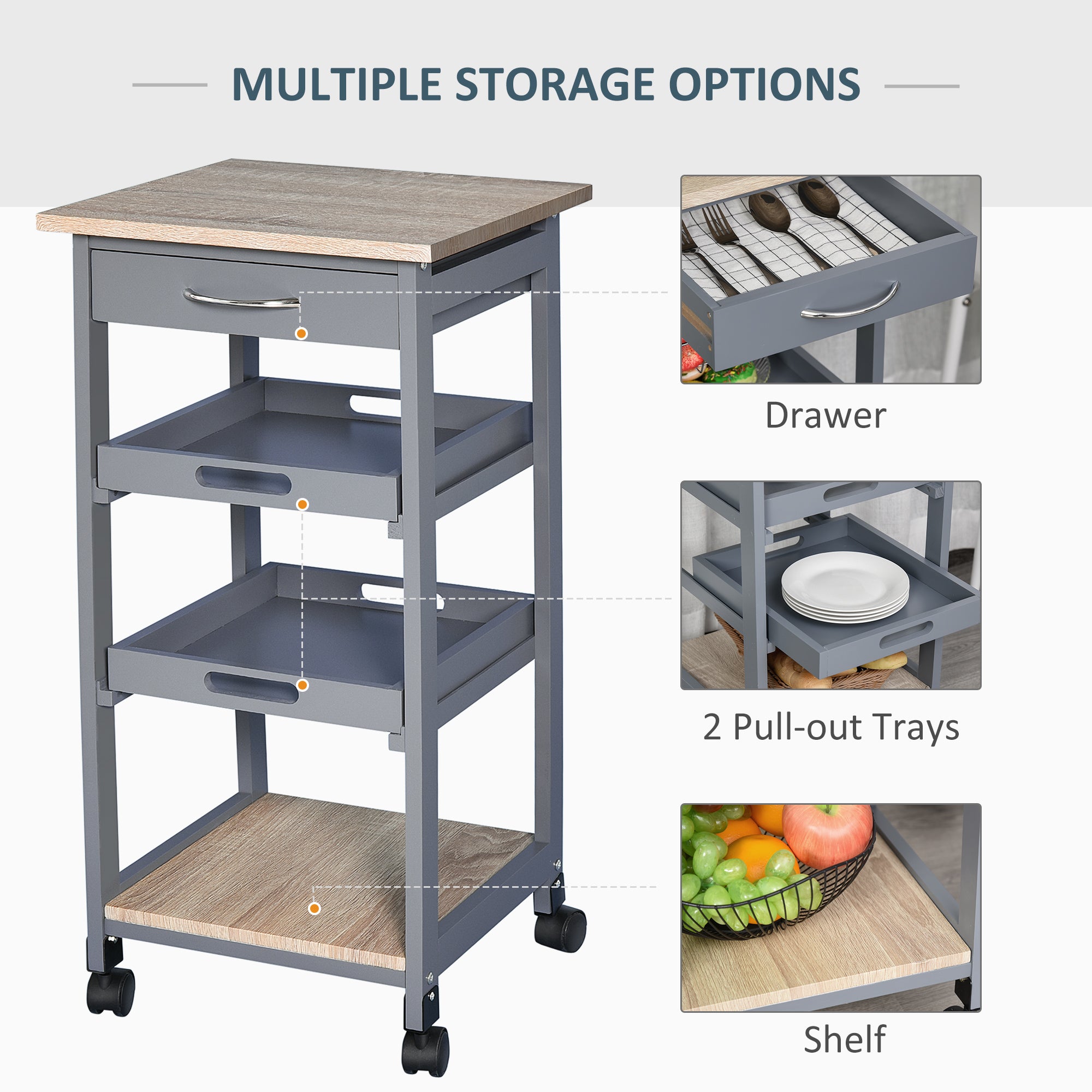HOMCOM Bar Cart, 4-Tier Kitchen Cart with Removable Serving Tray, Rolling Coffee Cart on Wheels with Drawer for Dining Room, Living Room (Grey)