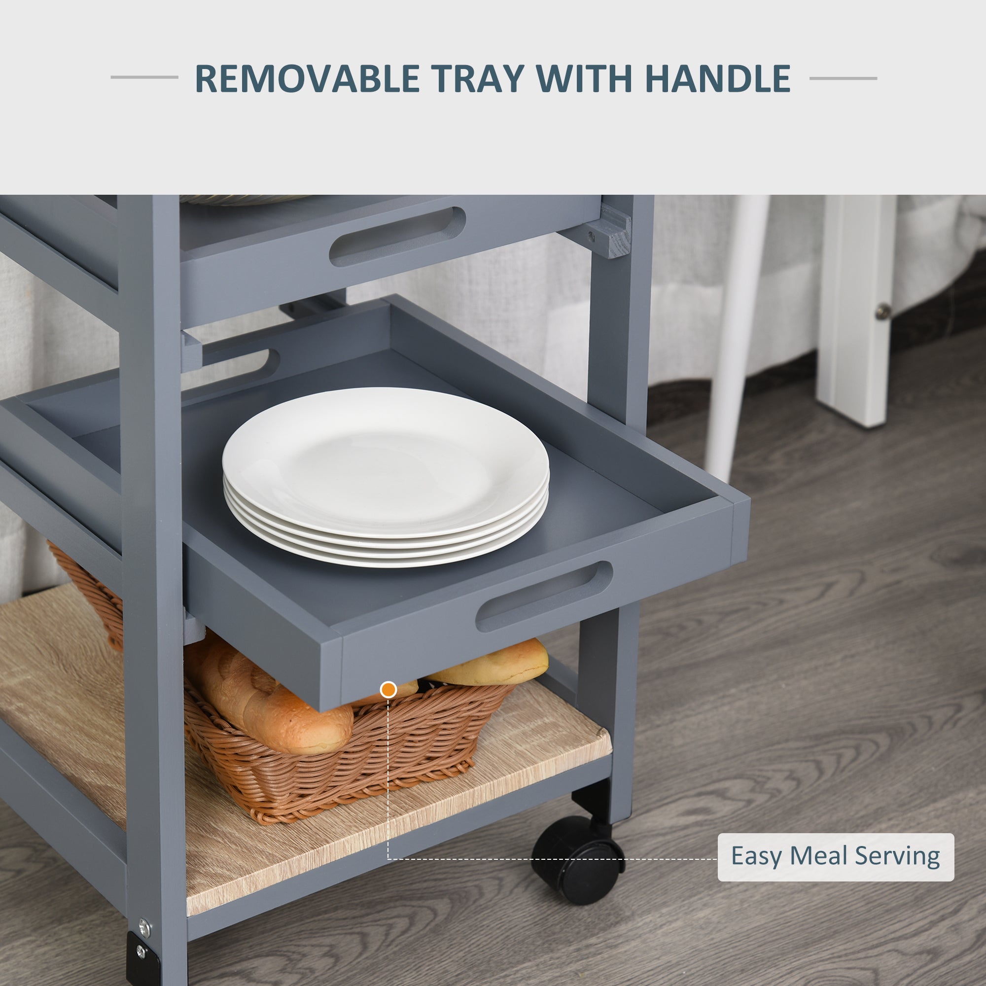 HOMCOM Bar Cart, 4-Tier Kitchen Cart with Removable Serving Tray, Rolling Coffee Cart on Wheels with Drawer for Dining Room, Living Room (Grey)