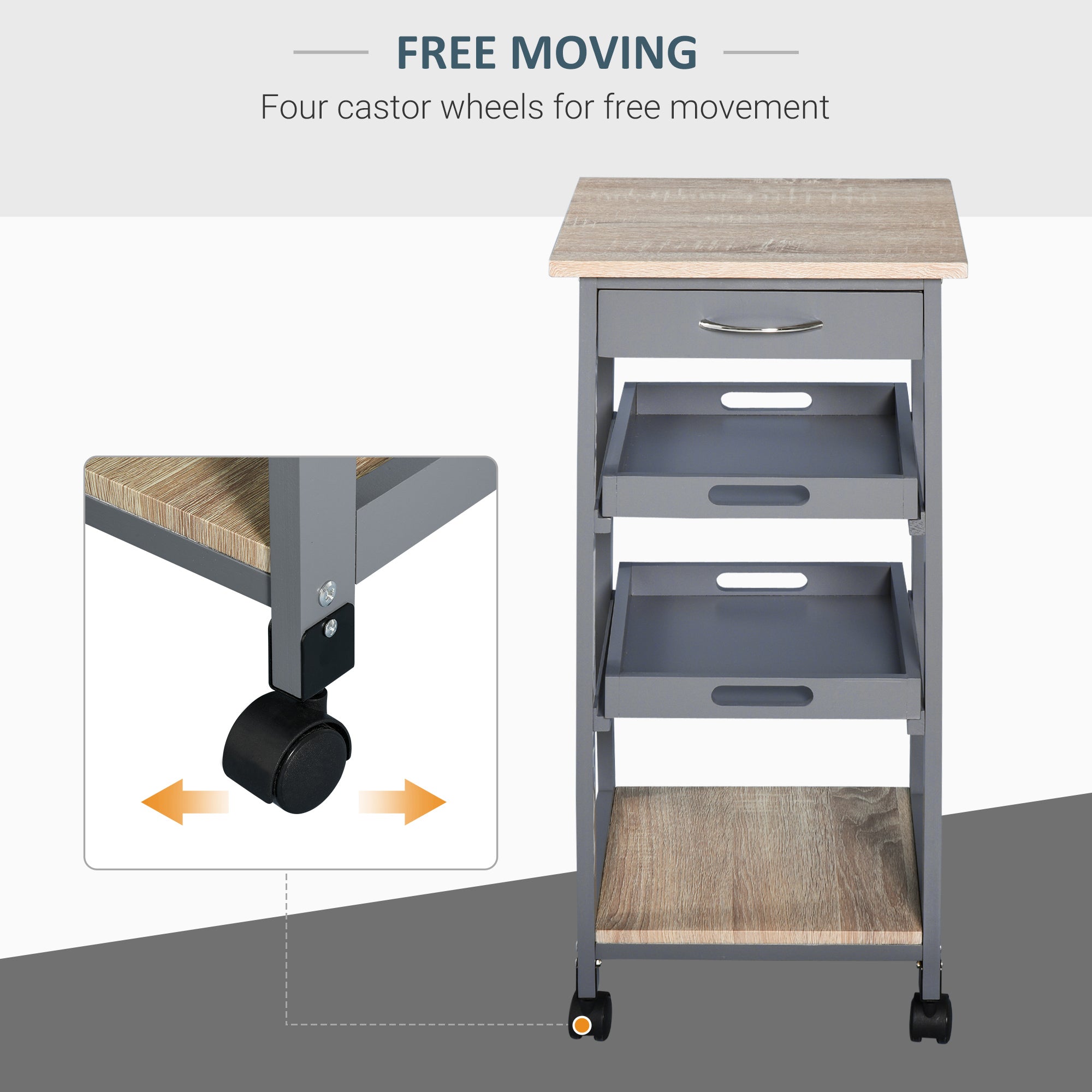 HOMCOM Bar Cart, 4-Tier Kitchen Cart with Removable Serving Tray, Rolling Coffee Cart on Wheels with Drawer for Dining Room, Living Room (Grey)