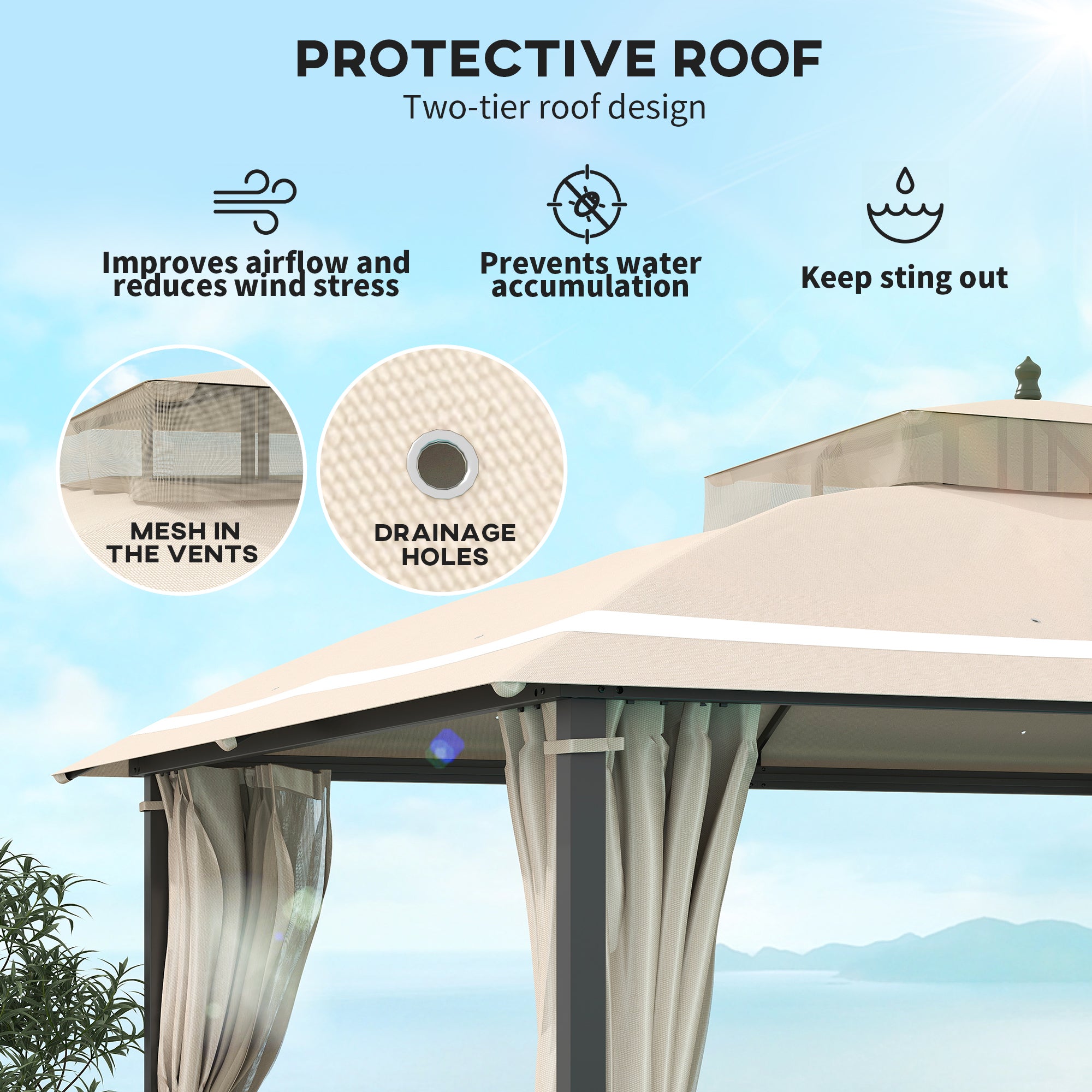 Outsunny 10' x 12' Outdoor Gazebo, Double Roof Patio Gazebo Canopy Shelter with Netting and Curtains for Garden, Lawn, Backyard and Deck