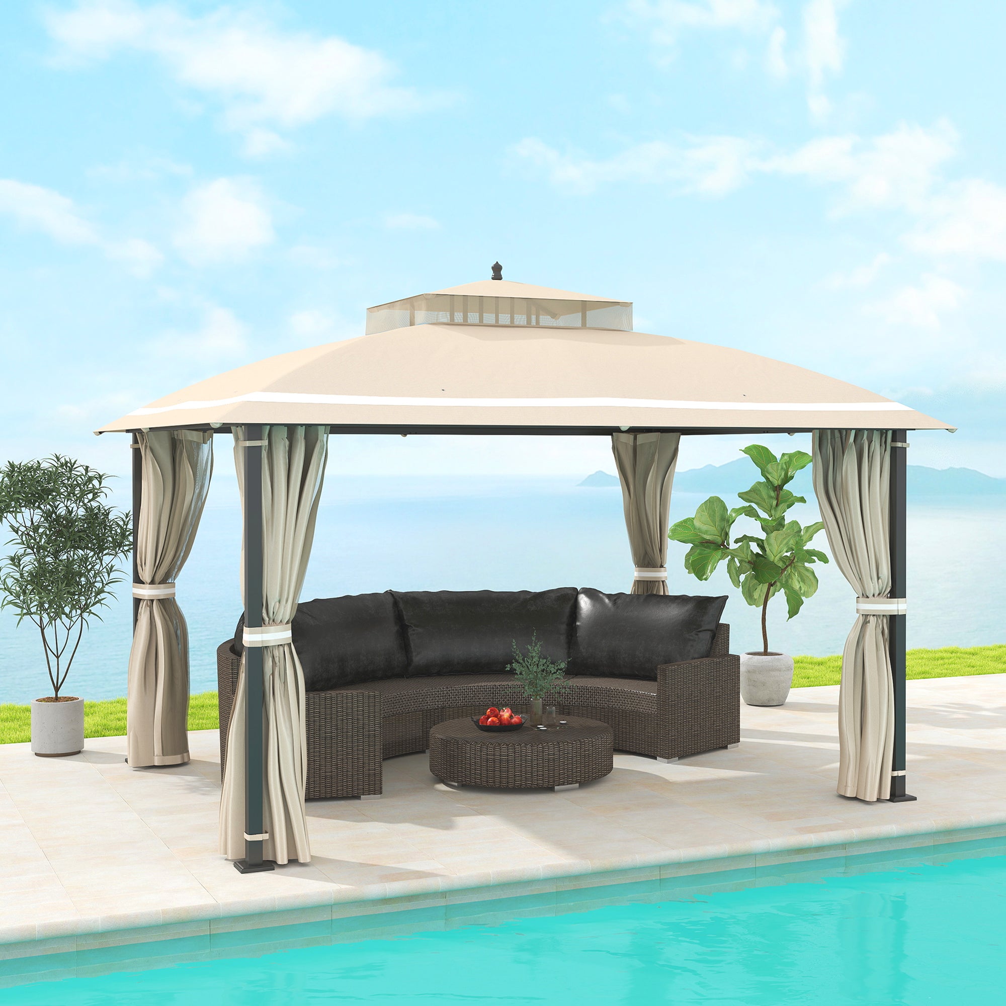 Outsunny 10' x 12' Outdoor Gazebo, Double Roof Patio Gazebo Canopy Shelter with Netting and Curtains for Garden, Lawn, Backyard and Deck