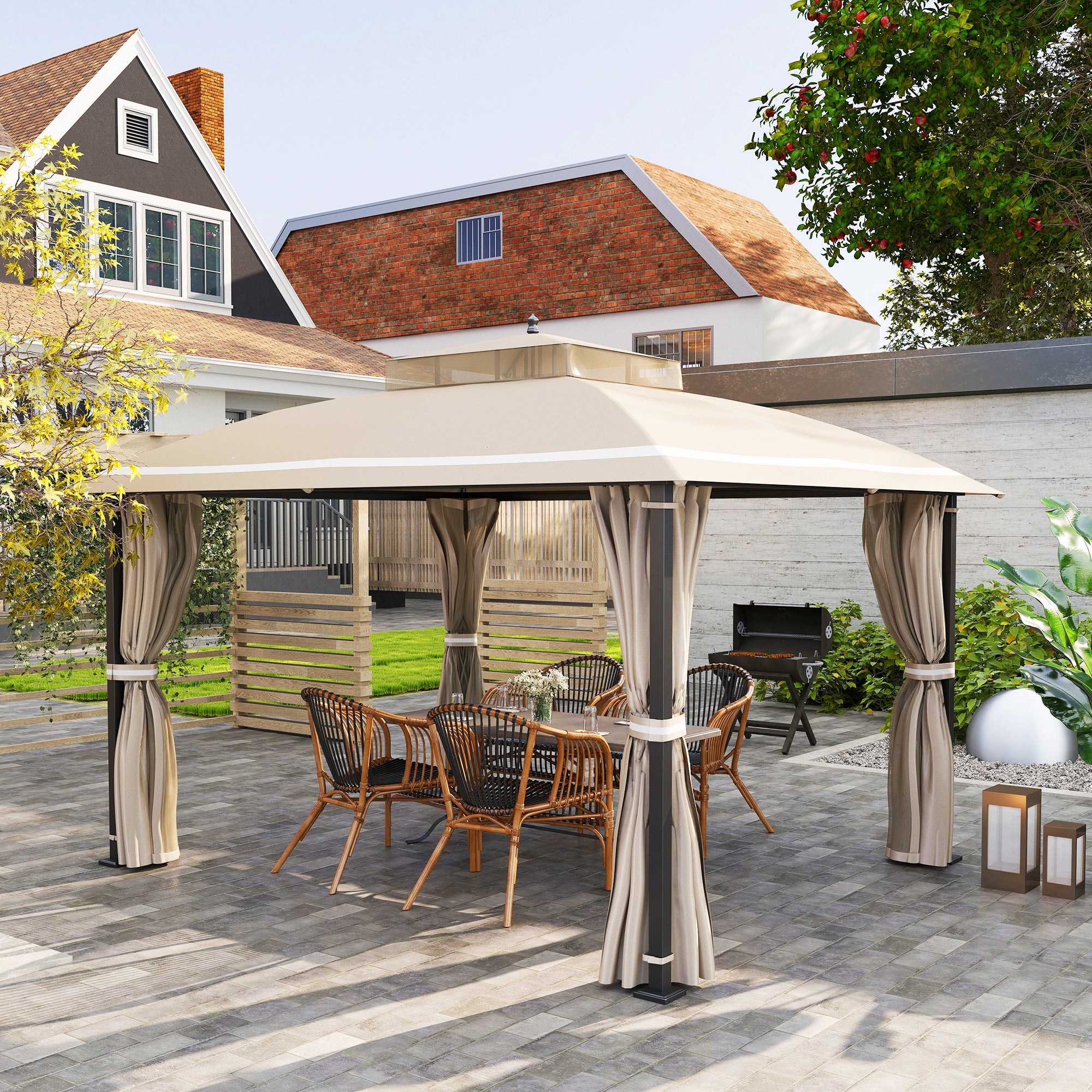 Outsunny 10' x 12' Outdoor Gazebo, Double Roof Patio Gazebo Canopy Shelter with Netting and Curtains for Garden, Lawn, Backyard and Deck