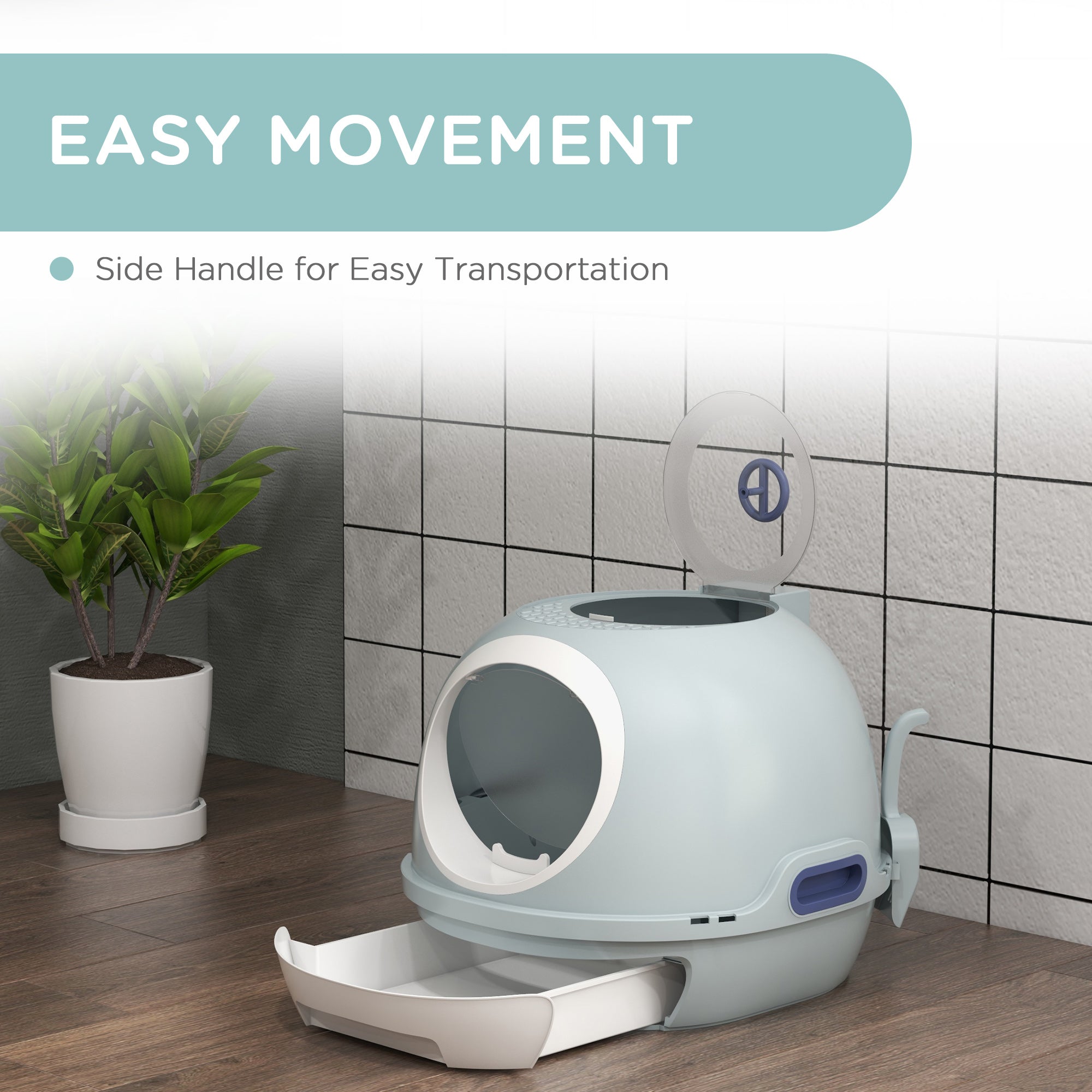 PawHut Enclosed Cat Litter Box, Covered Litter Box with Lid and Scoop, Cat Box Enclosure with Pull-out Drawer Type, Front Door and Skylight, Easy to Clean, Blue
