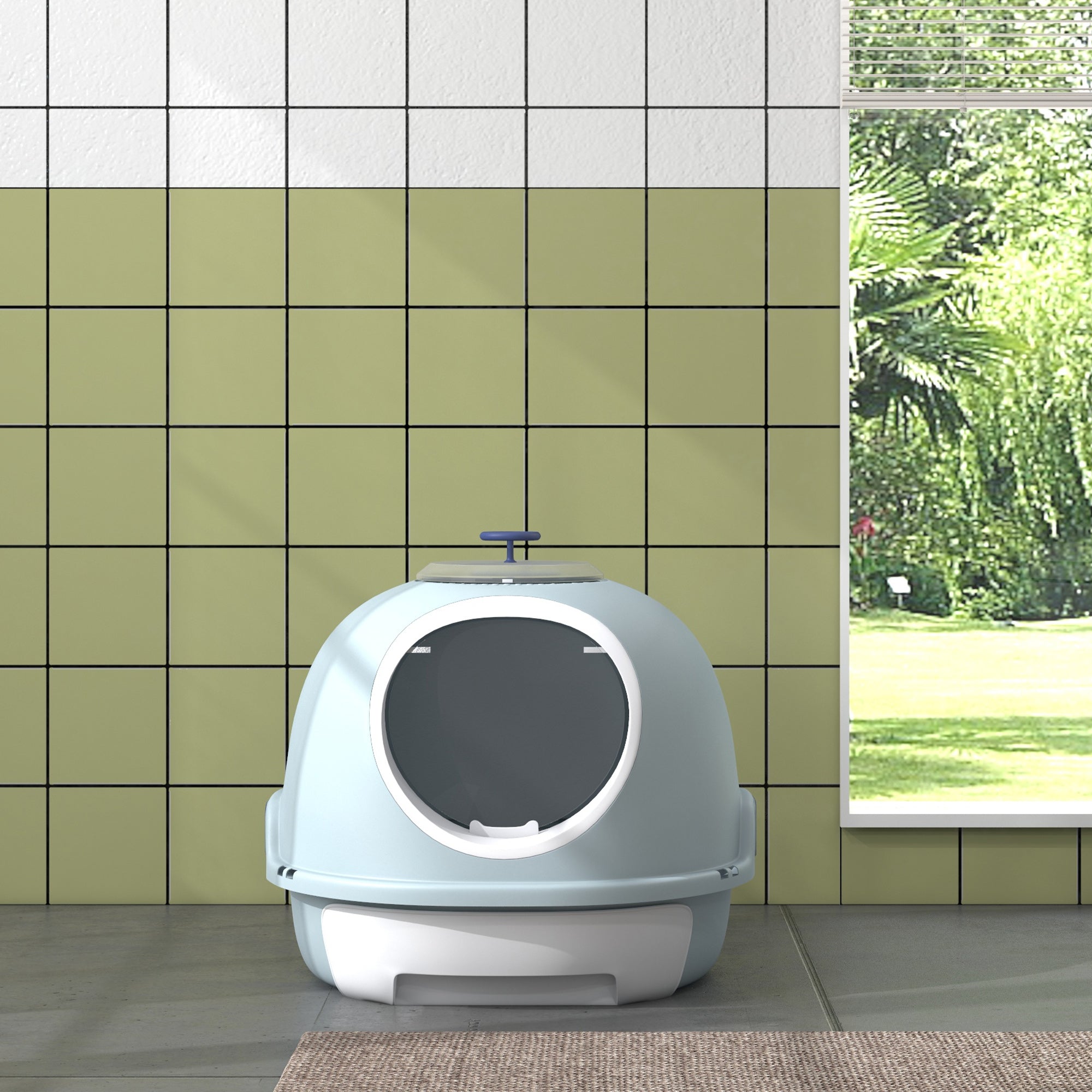 PawHut Enclosed Cat Litter Box, Covered Litter Box with Lid and Scoop, Cat Box Enclosure with Pull-out Drawer Type, Front Door and Skylight, Easy to Clean, Blue