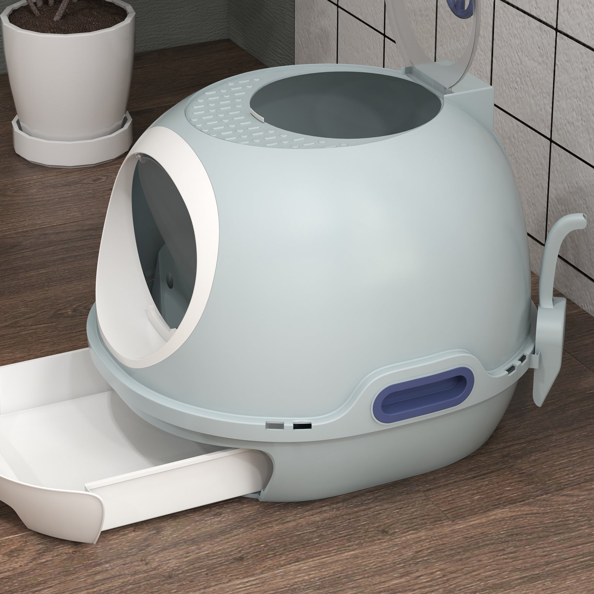 PawHut Enclosed Cat Litter Box, Covered Litter Box with Lid and Scoop, Cat Box Enclosure with Pull-out Drawer Type, Front Door and Skylight, Easy to Clean, Blue