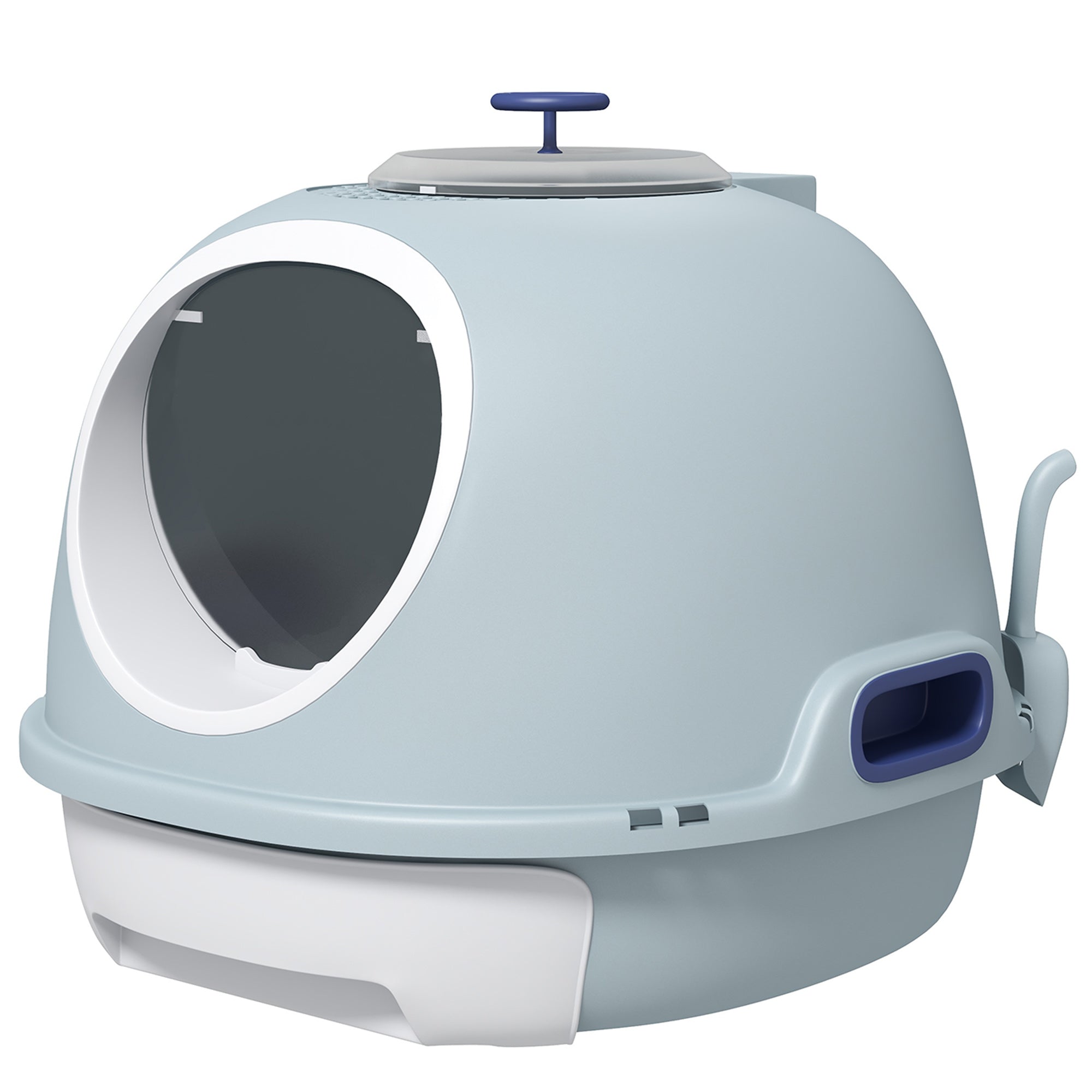 PawHut Enclosed Cat Litter Box, Covered Litter Box with Lid and Scoop, Cat Box Enclosure with Pull-out Drawer Type, Front Door and Skylight, Easy to Clean, Blue