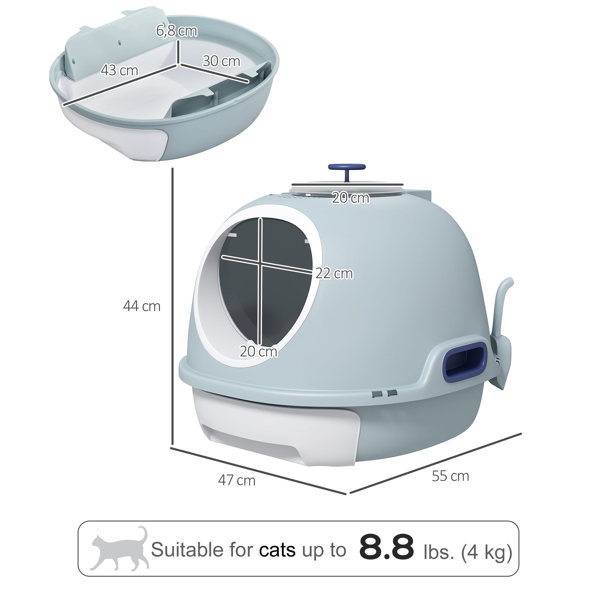 PawHut Enclosed Cat Litter Box, Covered Litter Box with Lid and Scoop, Cat Box Enclosure with Pull-out Drawer Type, Front Door and Skylight, Easy to Clean, Blue