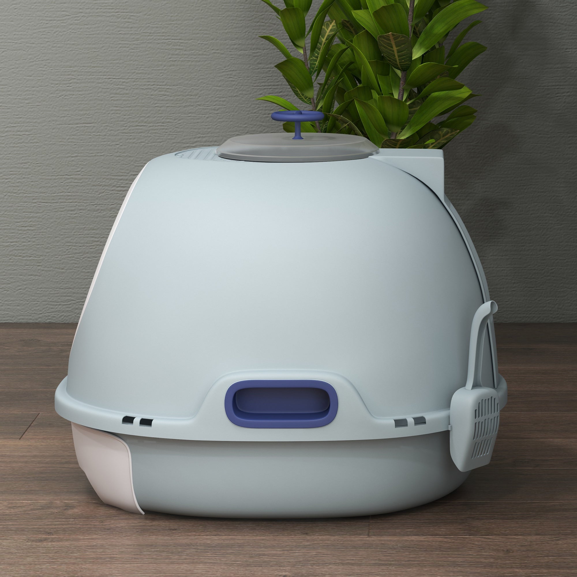 PawHut Enclosed Cat Litter Box, Covered Litter Box with Lid and Scoop, Cat Box Enclosure with Pull-out Drawer Type, Front Door and Skylight, Easy to Clean, Blue