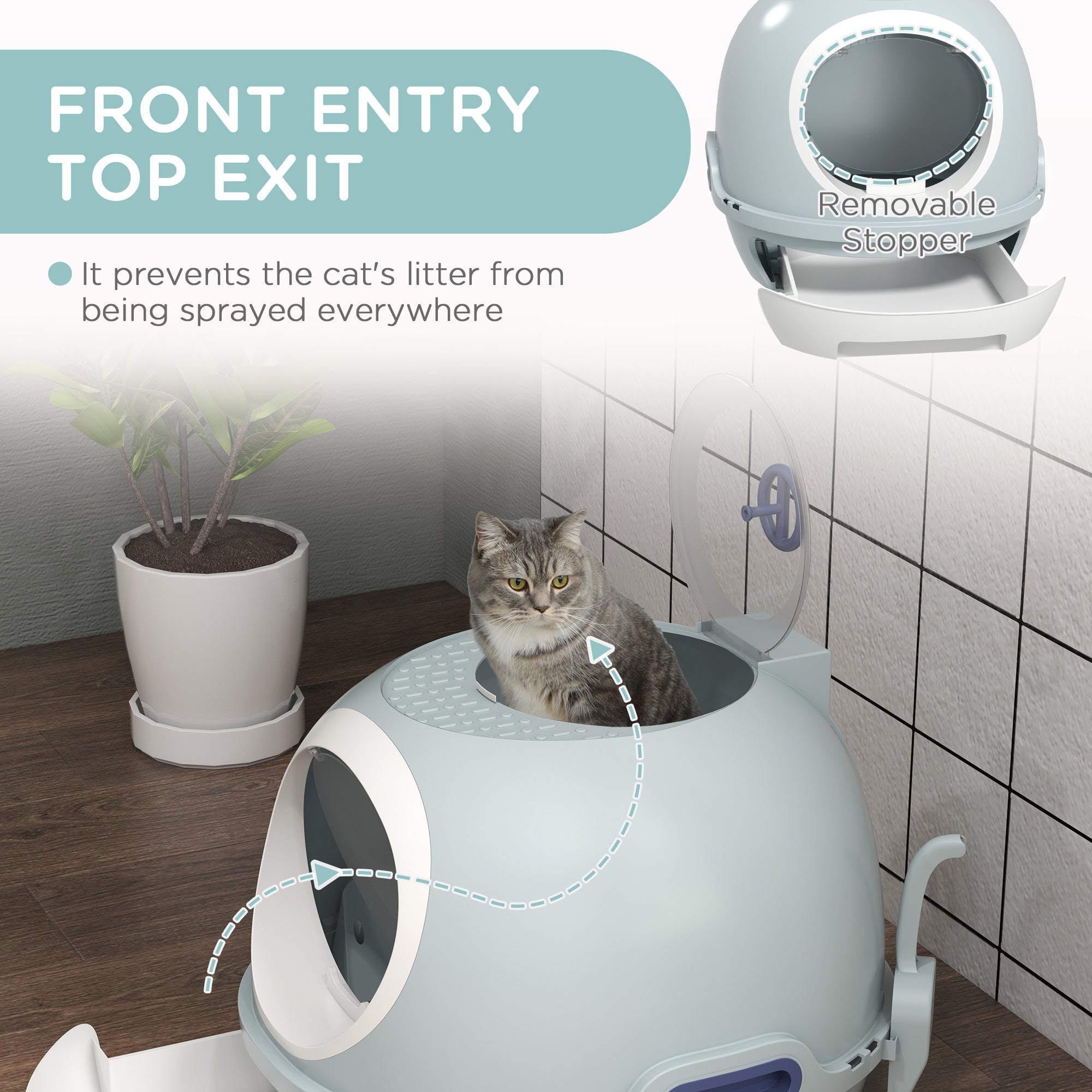 PawHut Enclosed Cat Litter Box, Covered Litter Box with Lid and Scoop, Cat Box Enclosure with Pull-out Drawer Type, Front Door and Skylight, Easy to Clean, Blue