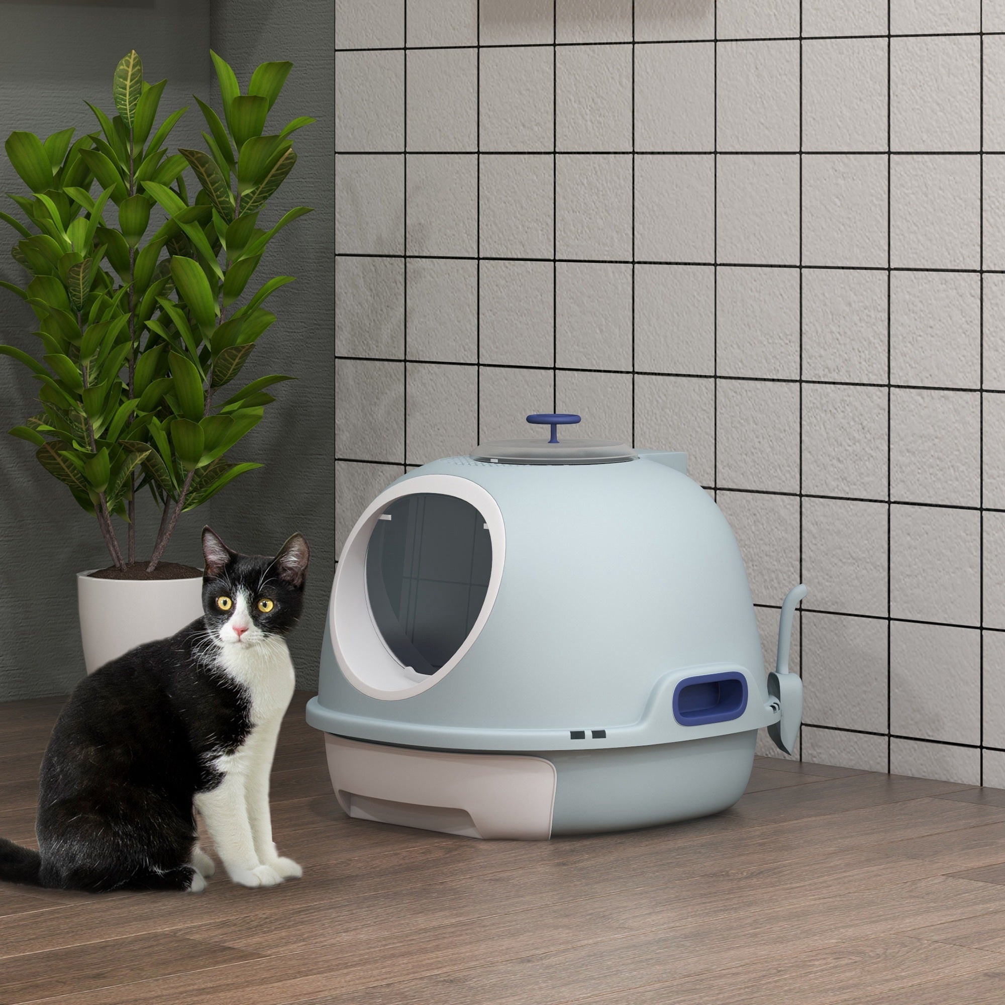 PawHut Enclosed Cat Litter Box, Covered Litter Box with Lid and Scoop, Cat Box Enclosure with Pull-out Drawer Type, Front Door and Skylight, Easy to Clean, Blue