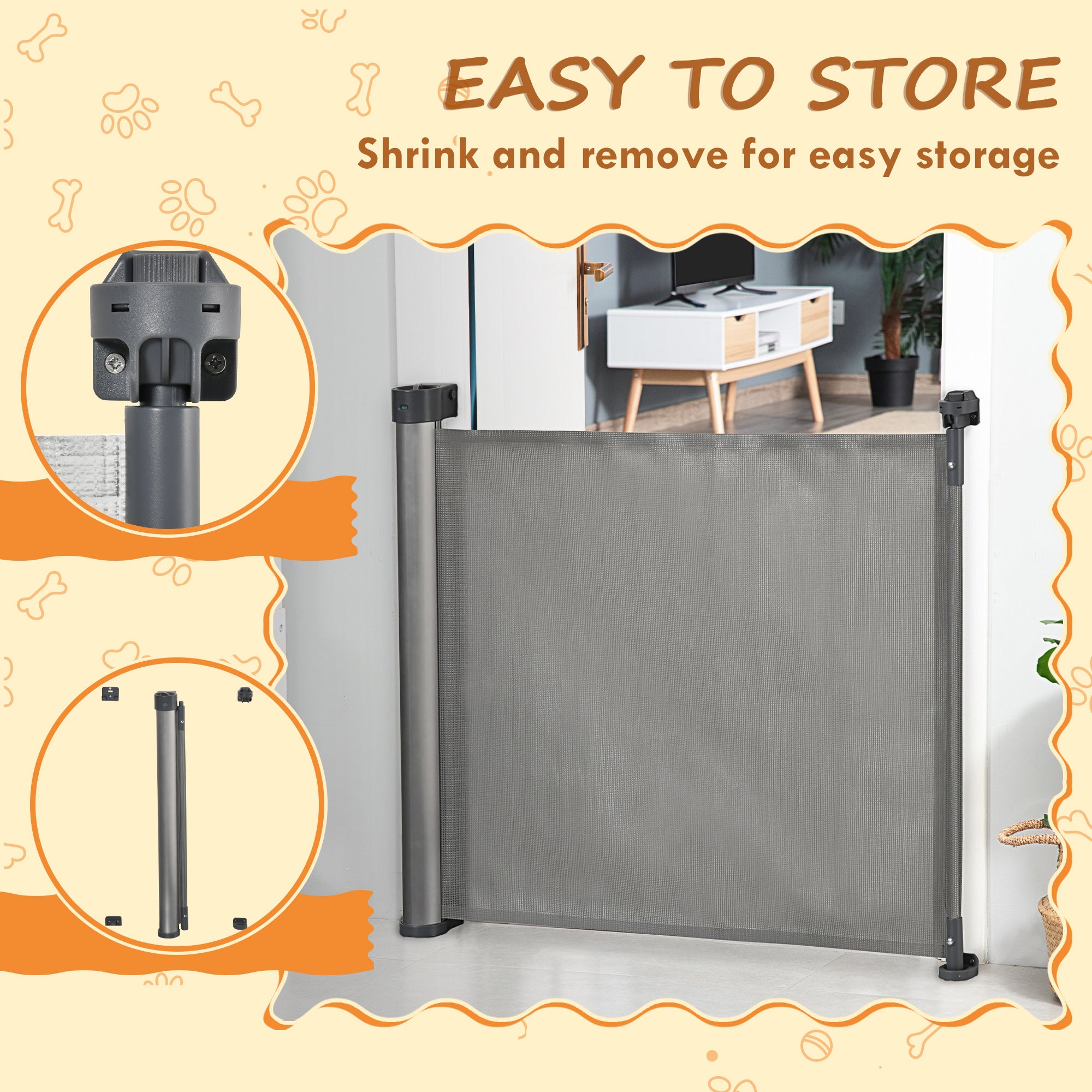 PawHut Retractable Stair Gate for Dogs 140cm Extendable, 88cm Tall, Extra Wide Foldable Mesh Pet Safety Gate with Single Hand Operation, for Doorways, Hallways, Stairs - Grey