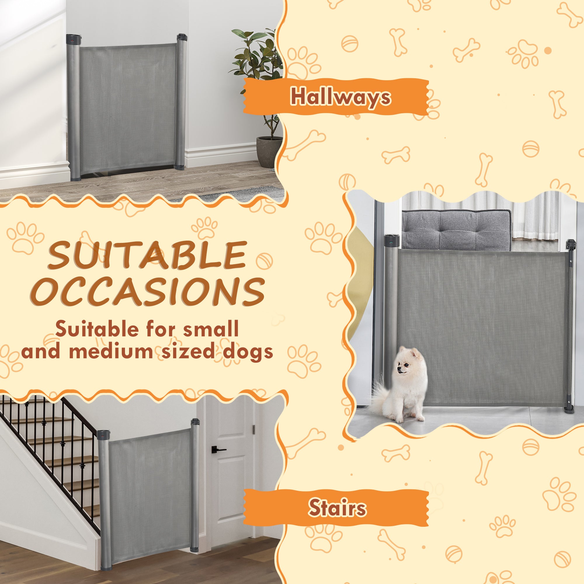 PawHut Retractable Stair Gate for Dogs 140cm Extendable, 88cm Tall, Extra Wide Foldable Mesh Pet Safety Gate with Single Hand Operation, for Doorways, Hallways, Stairs - Grey