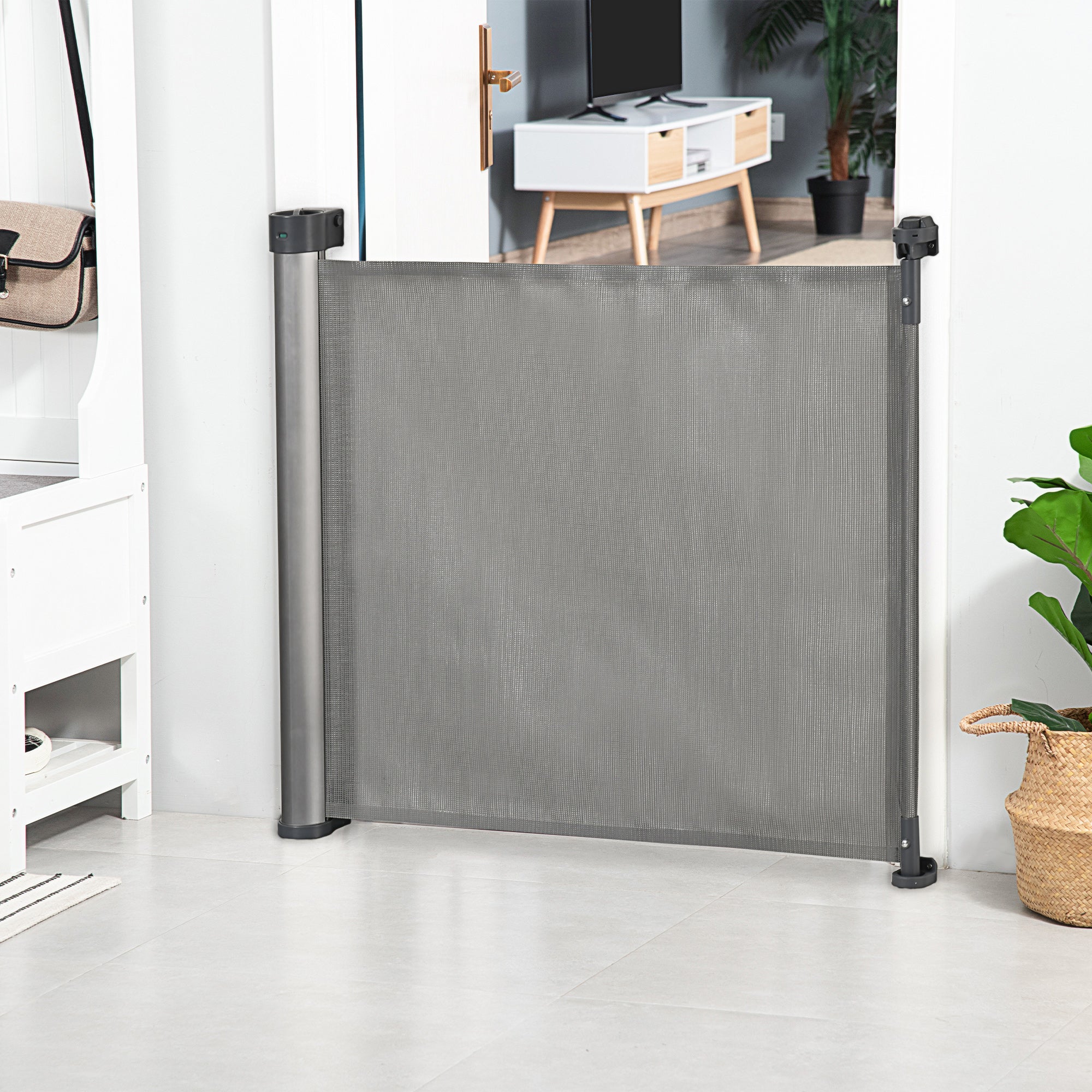 PawHut Retractable Stair Gate for Dogs 140cm Extendable, 88cm Tall, Extra Wide Foldable Mesh Pet Safety Gate with Single Hand Operation, for Doorways, Hallways, Stairs - Grey