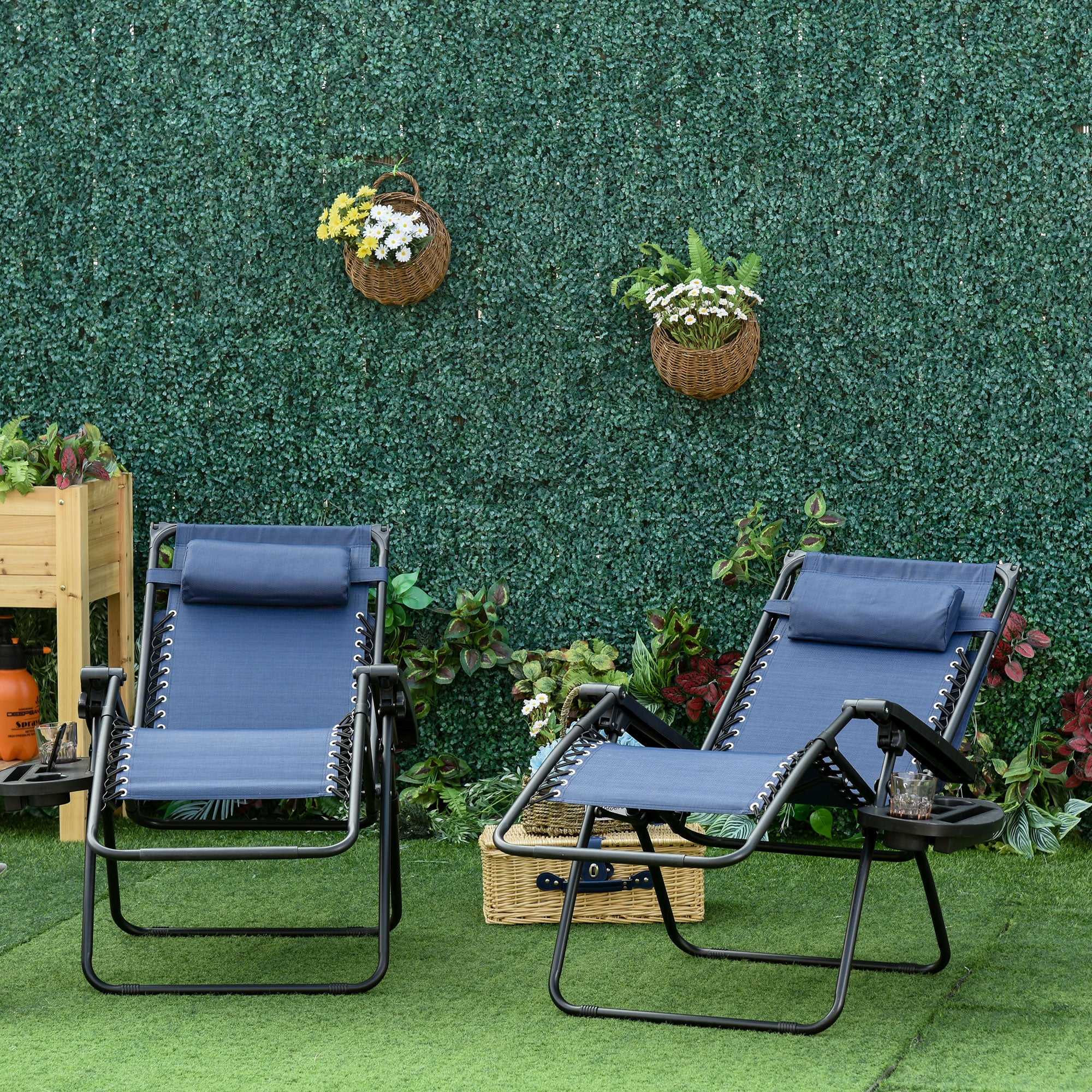 Outsunny 2 Piece Foldable Lounge Chair with Canopy Shade, Outdoor Zero Gravity Chair w/ Side Tray & Cup Holder, Reclining Lounger w/ Breathable Mesh Fabric Seat, Pillow, Blue
