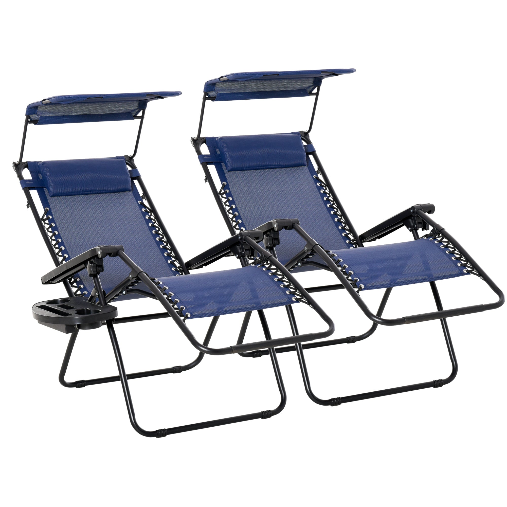Outsunny 2 Piece Foldable Lounge Chair with Canopy Shade, Outdoor Zero Gravity Chair w/ Side Tray & Cup Holder, Reclining Lounger w/ Breathable Mesh Fabric Seat, Pillow, Blue