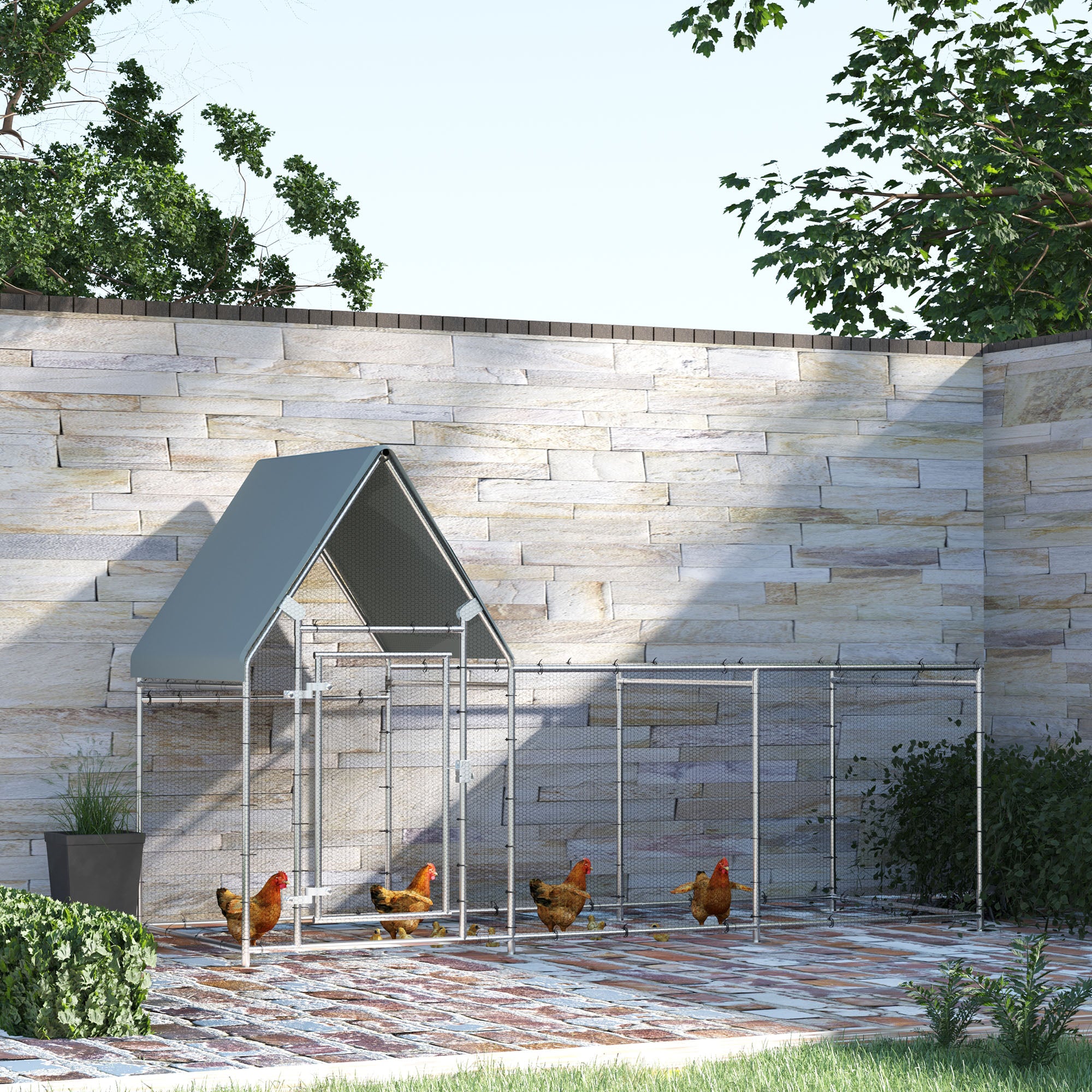 PawHut Walk In Chicken Run, Large Galvanized Chicken Coop, Hen Poultry House Cage, Rabbit Hutch Metal Enclosure with Water-Resist Cover for Outdoor Backyard Farm, 119" x 42" x 68"