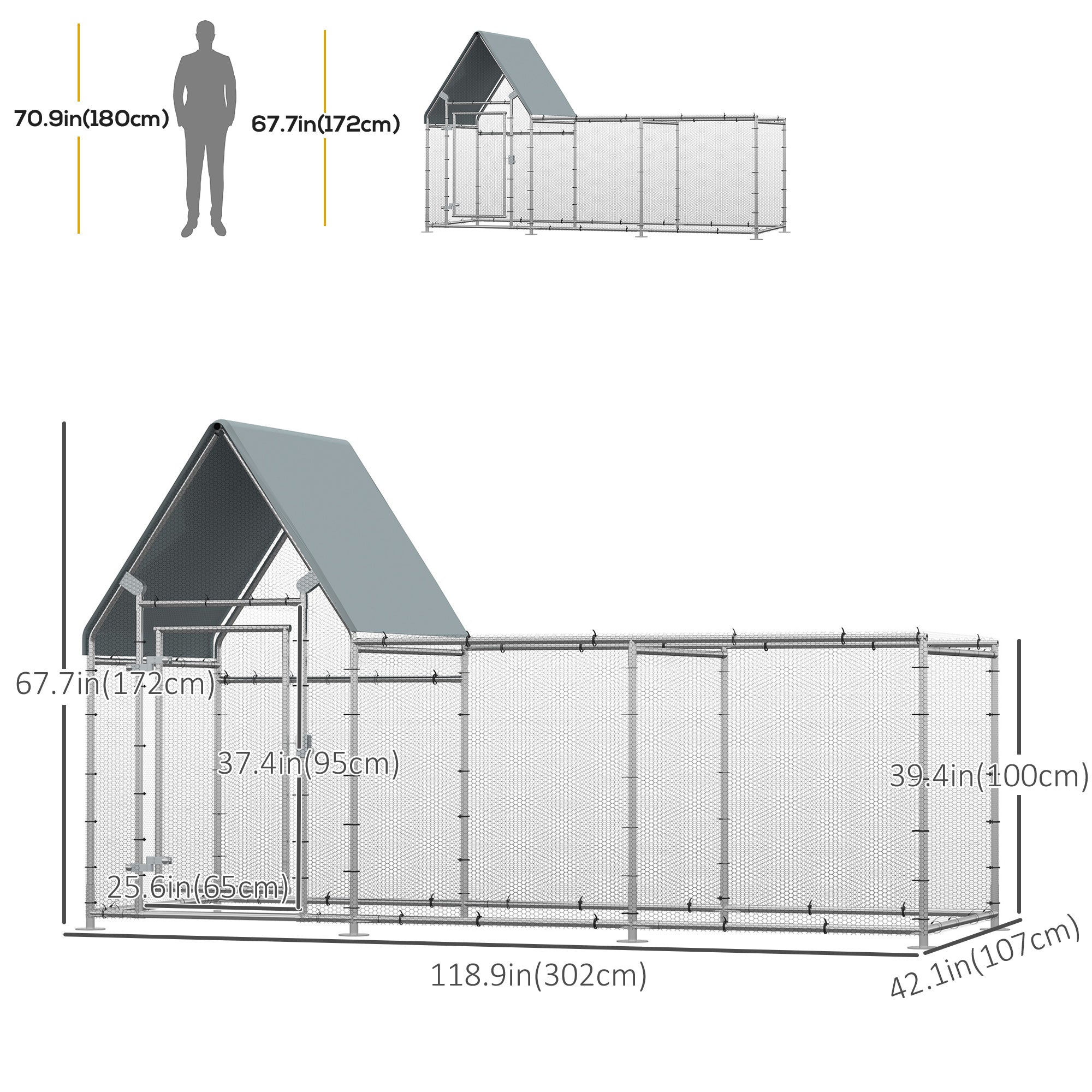 PawHut Walk In Chicken Run, Large Galvanized Chicken Coop, Hen Poultry House Cage, Rabbit Hutch Metal Enclosure with Water-Resist Cover for Outdoor Backyard Farm, 119" x 42" x 68"