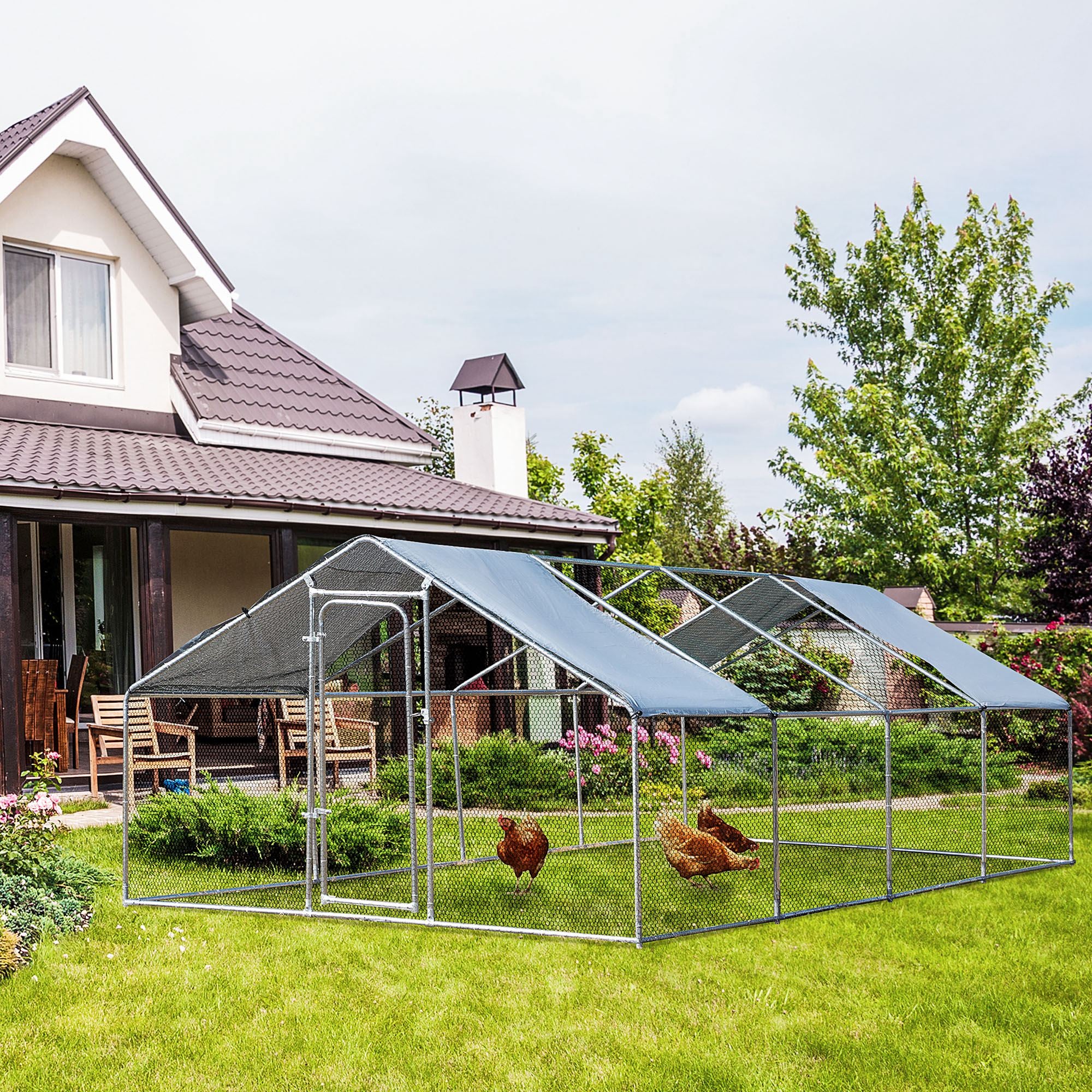 PawHut 9.8' x 26.2' Metal Chicken Coop, Galvanized Walk-in Hen House, Poultry Cage with 1.25" Tube, Waterproof UV-Protection Cover for Rabbits, Ducks